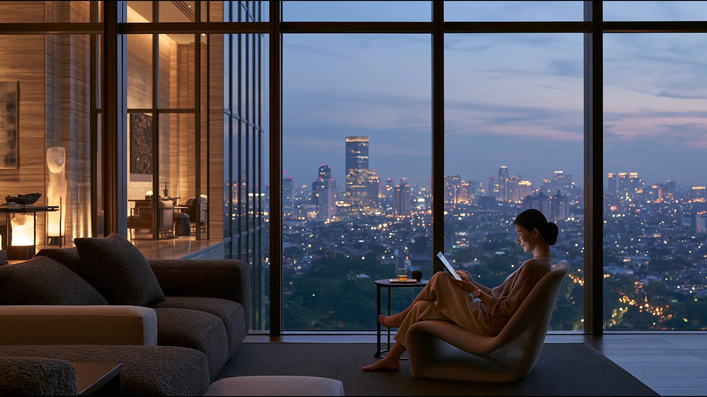 A clinician at ease in a vast, light-filled private clinic in Jakarta, the city beyond the glass