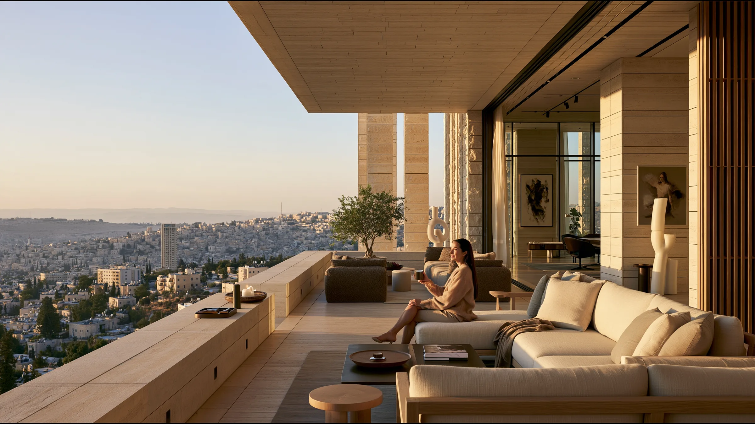 A clinician at ease in a vast, light-filled private clinic in Jerusalem, the city beyond the glass