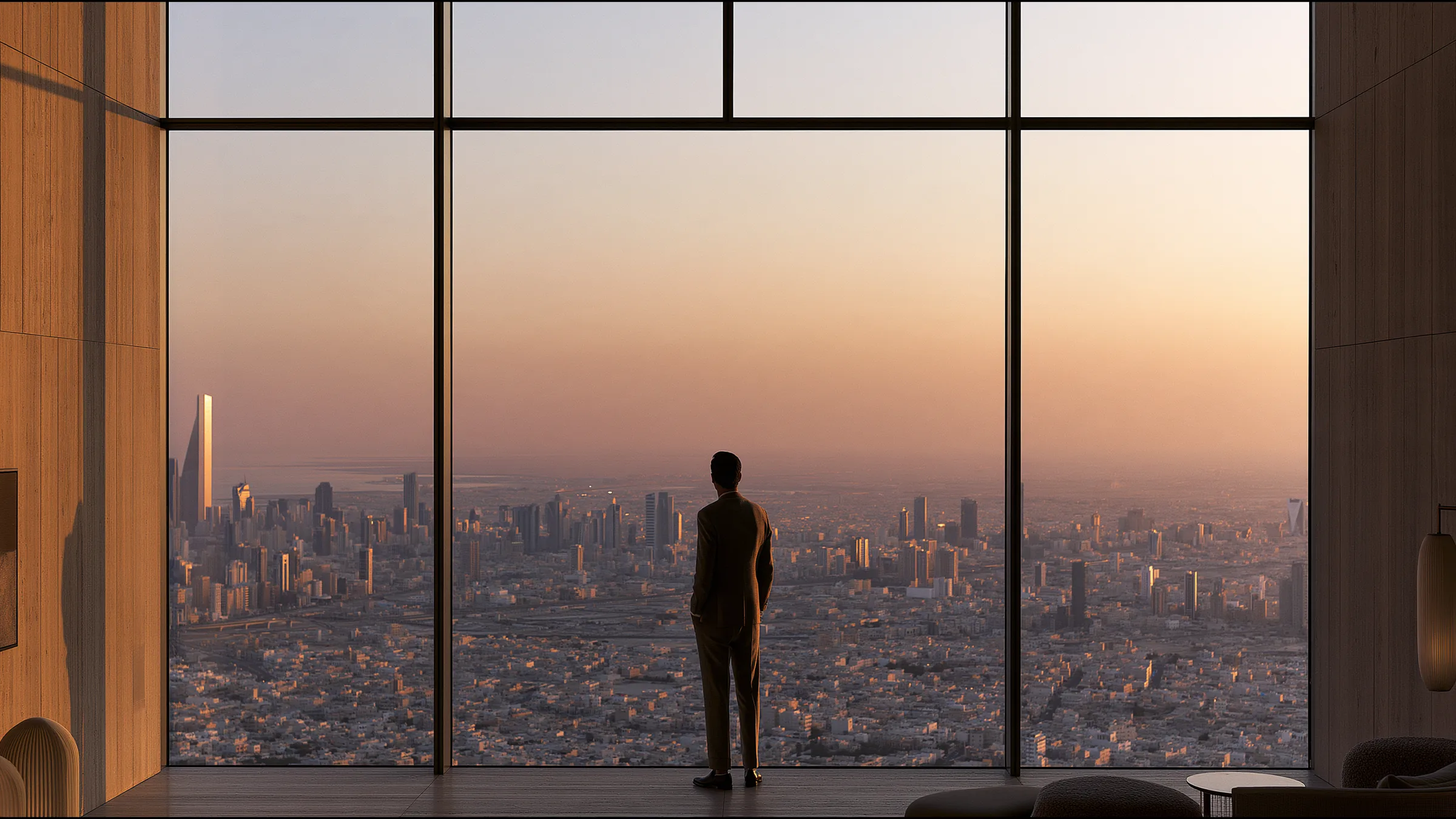 A clinician at ease in a vast, light-filled private clinic in Kuwait City, the city beyond the glass