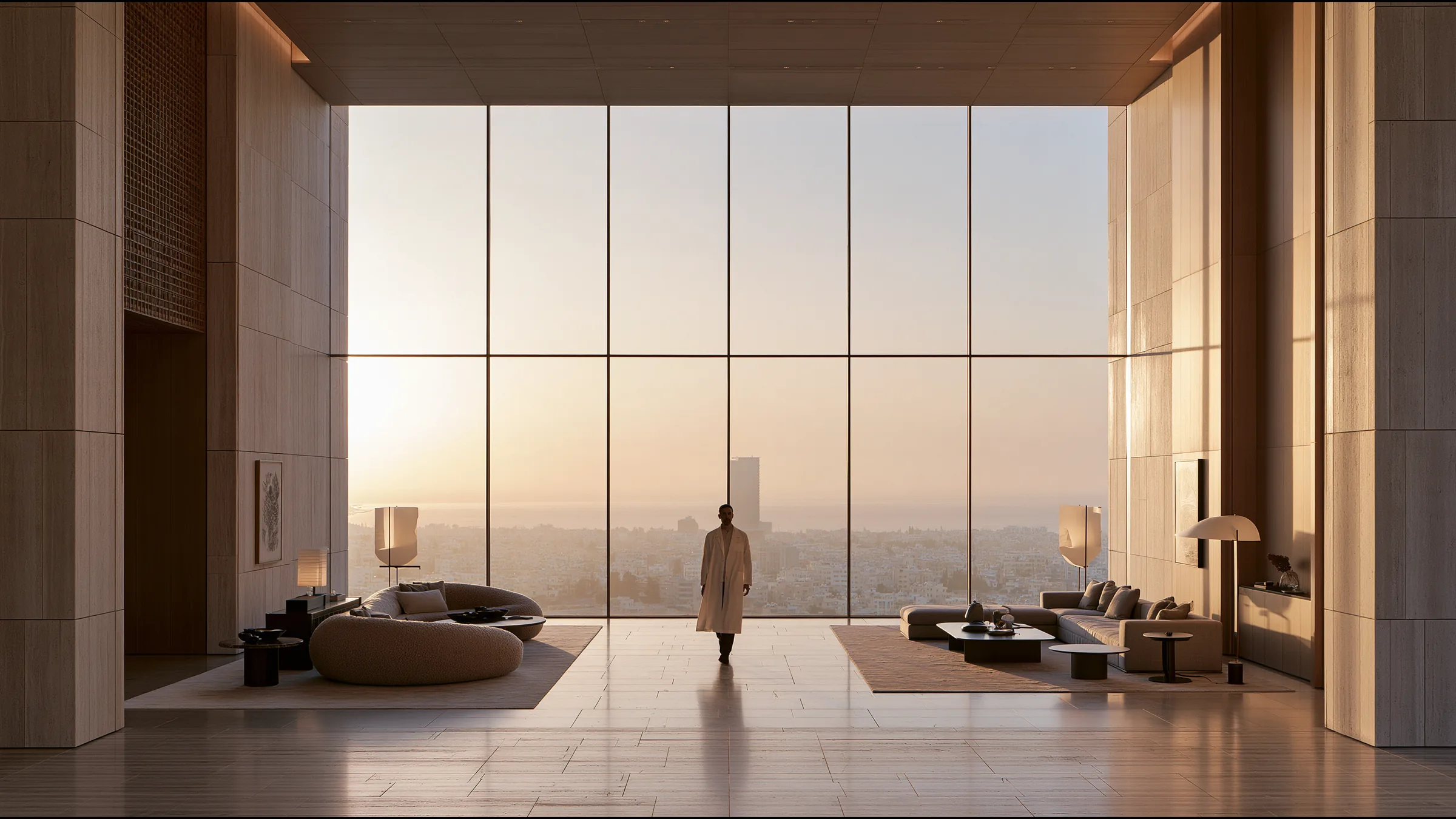 A clinician at ease in a vast, light-filled private clinic in Limassol, the city beyond the glass
