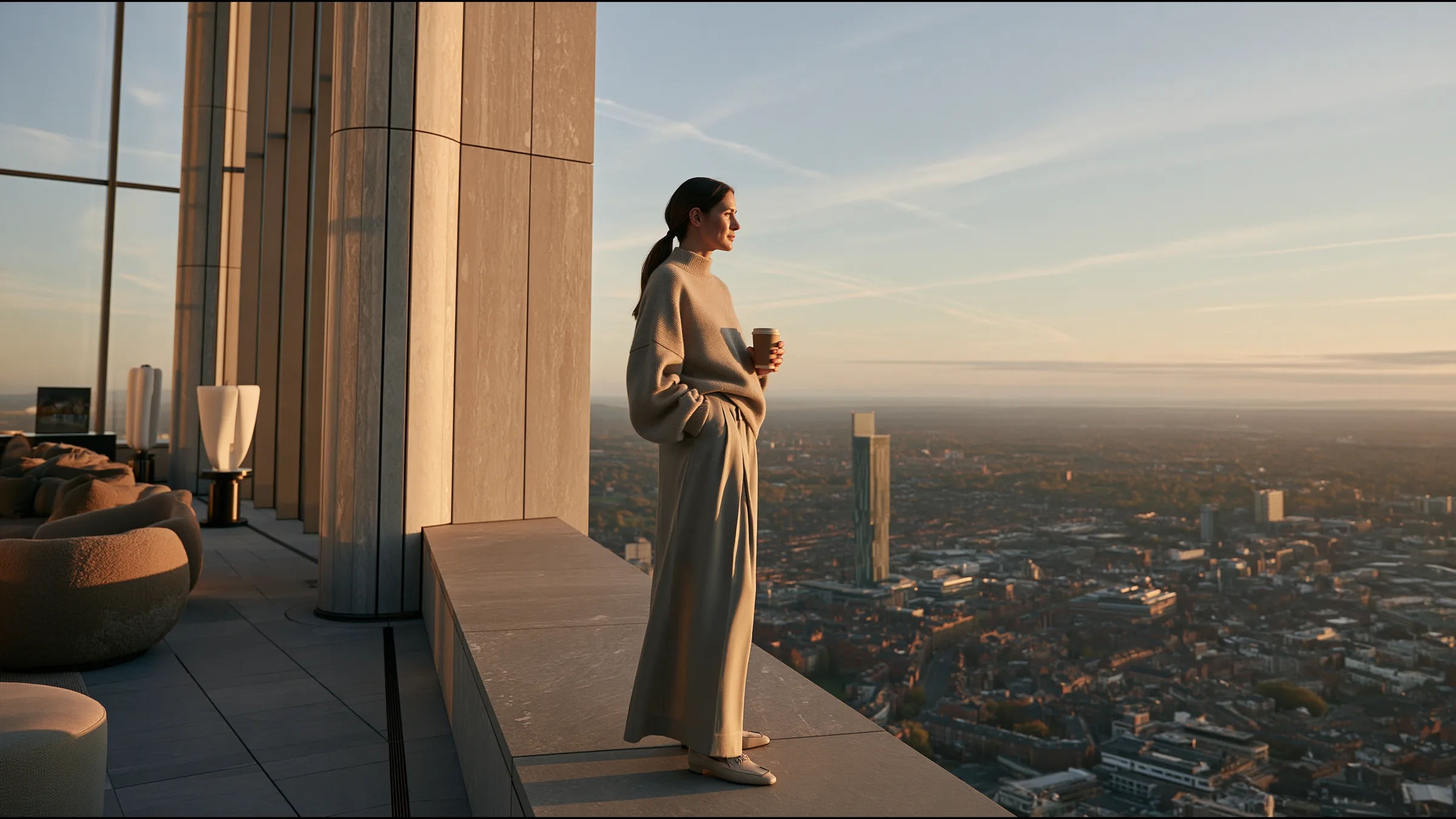 A clinician at ease in a vast, light-filled private clinic in Manchester and Trafford, the city beyond the glass