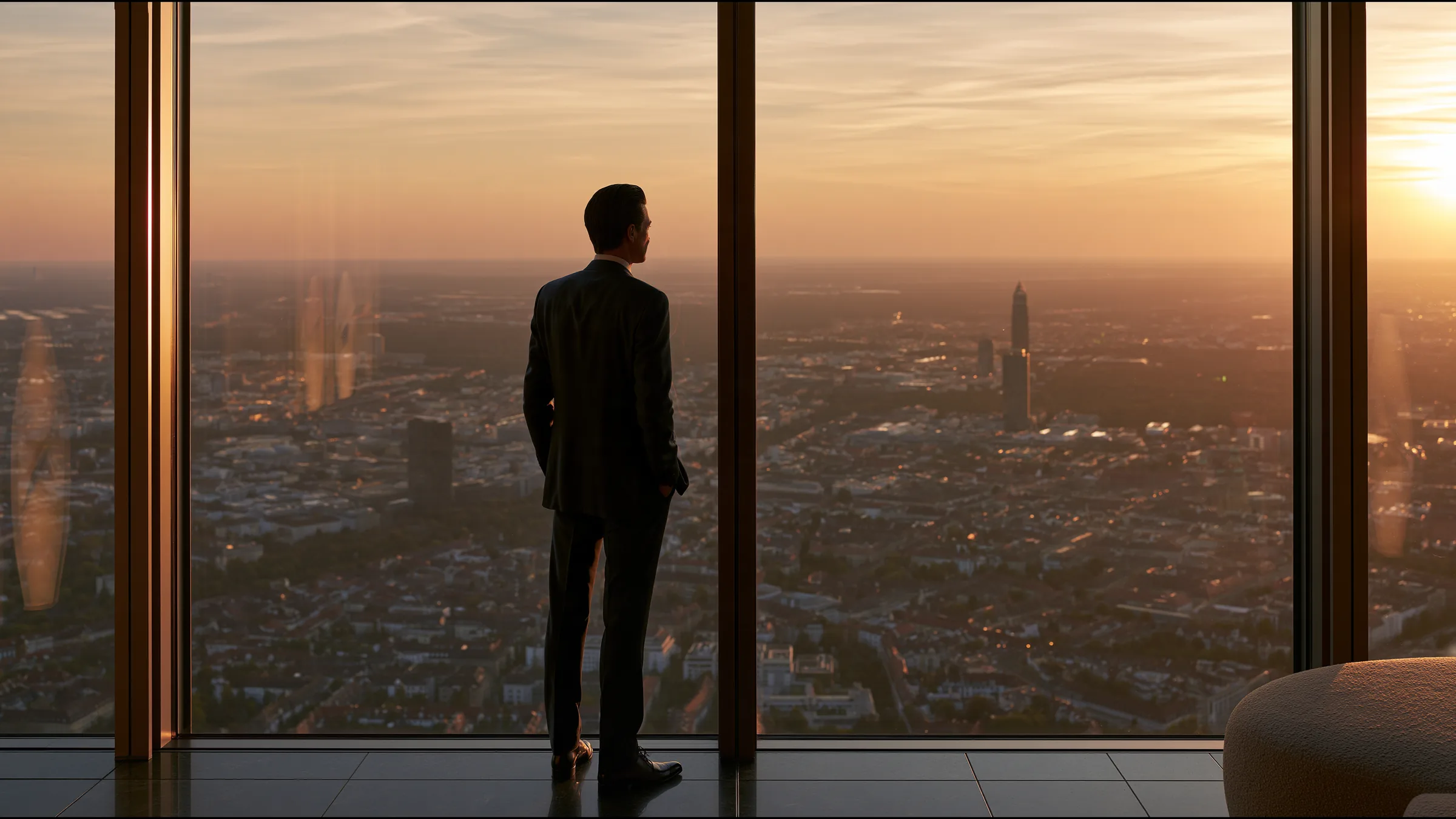 A clinician at ease in a vast, light-filled private clinic in Munich, the city beyond the glass
