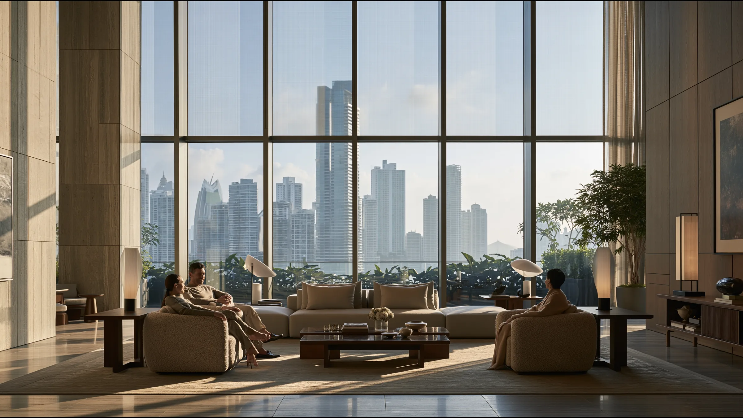 A clinician at ease in a vast, light-filled private clinic in Panama City, the city beyond the glass