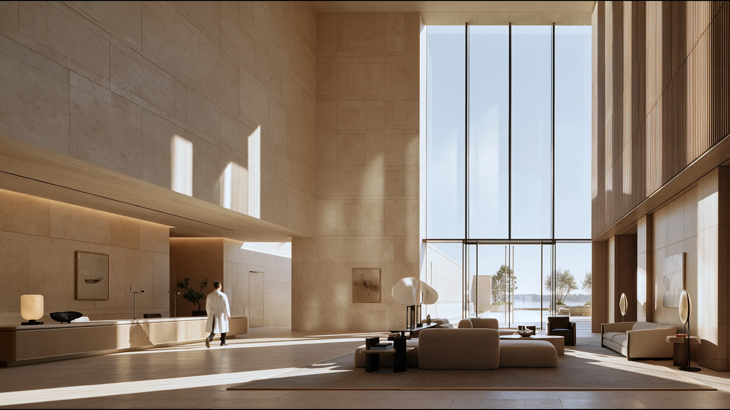 A clinician at ease in a vast, light-filled private clinic in Poole, the city beyond the glass