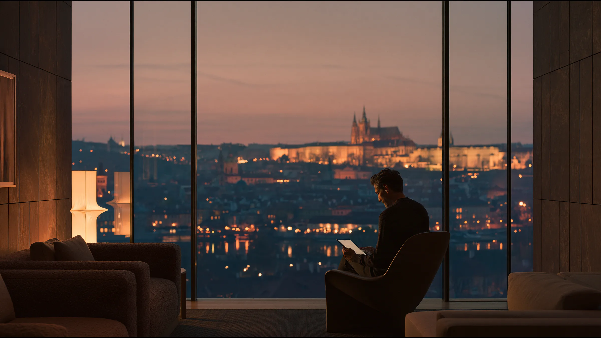 A clinician at ease in a vast, light-filled private clinic in Prague, the city beyond the glass
