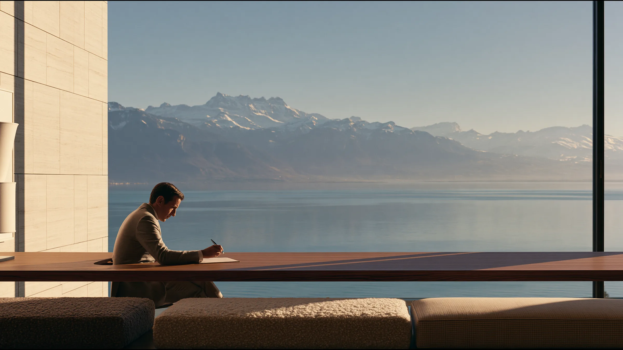 An operations lead alone at a long solid oak table in a vast minimal room above Lake Geneva, a single page and a fountain pen, the lake and the Alps in clear light, methodical and assured