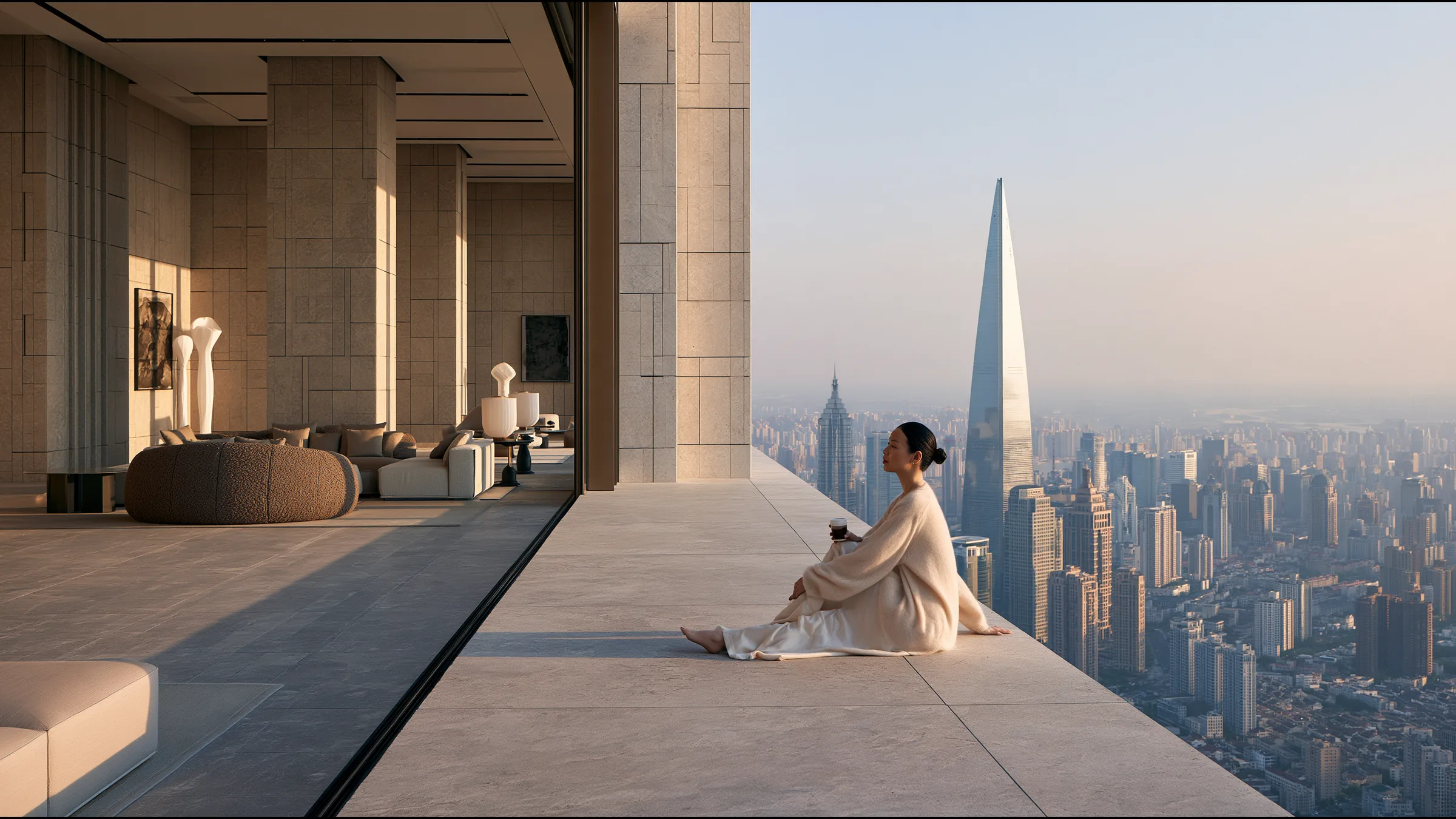 A clinician at ease in a vast, light-filled private clinic in Shanghai, the city beyond the glass
