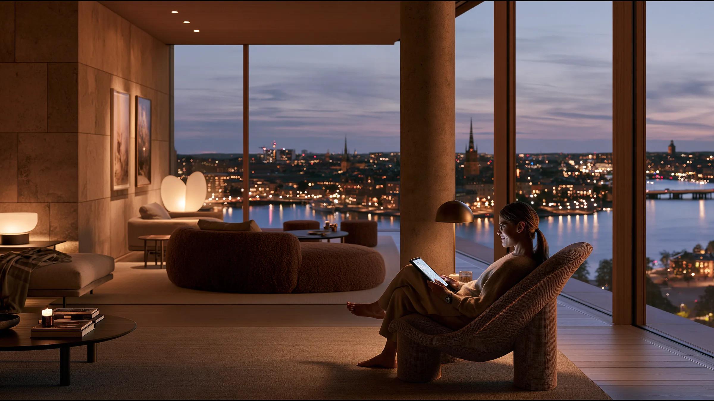 A clinician at ease in a vast, light-filled private clinic in Stockholm, the city beyond the glass