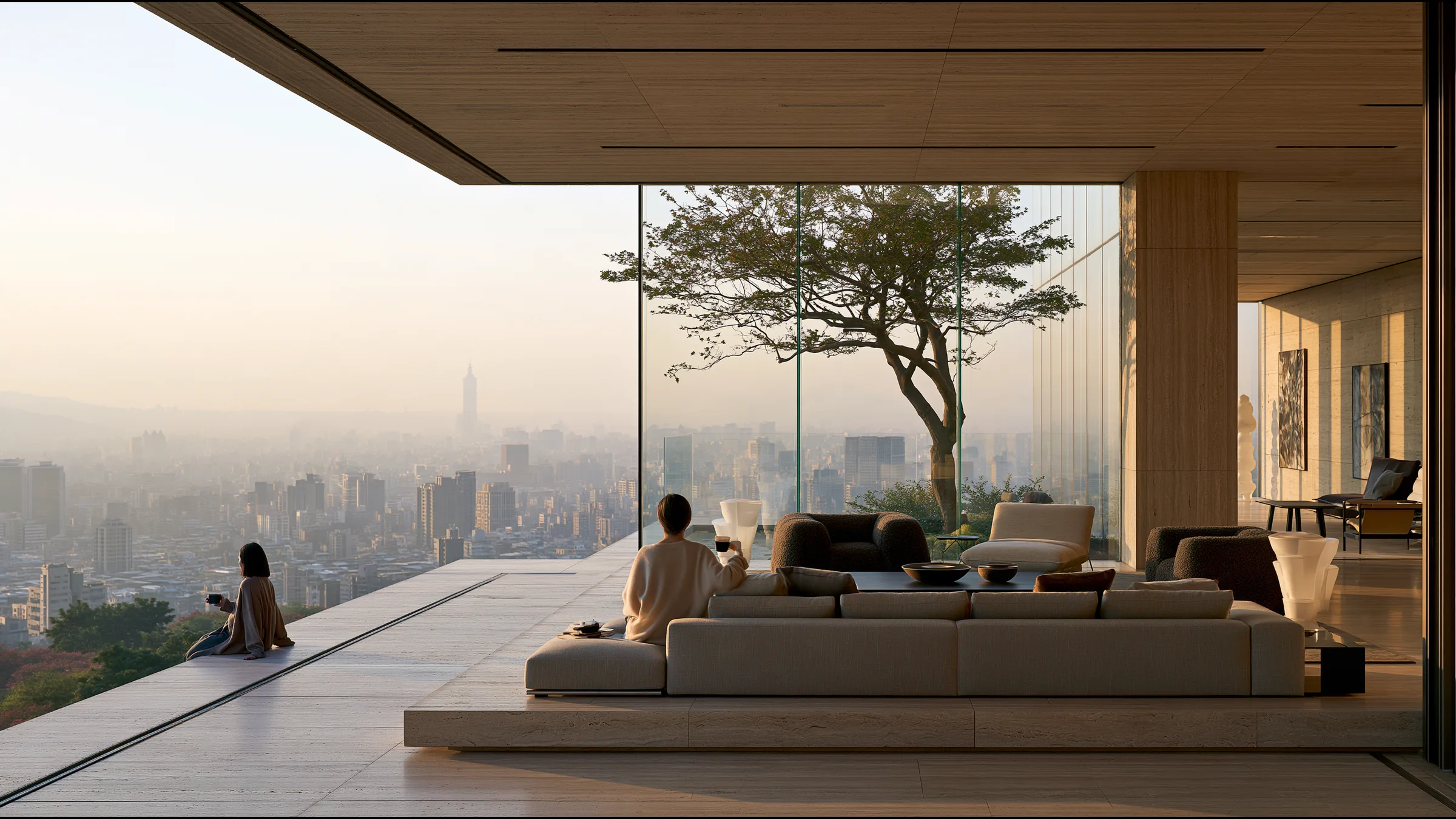 A clinician at ease in a vast, light-filled private clinic in Taipei City, the city beyond the glass