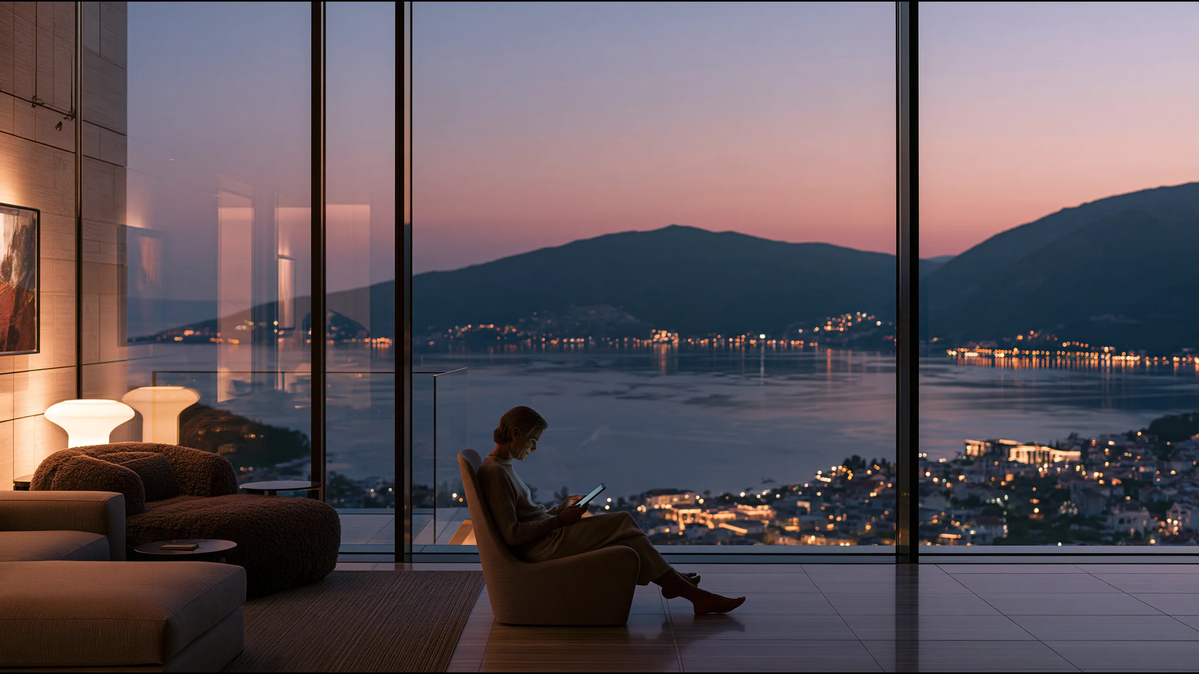 A clinician at ease in a vast, light-filled private clinic in Tivat, the city beyond the glass
