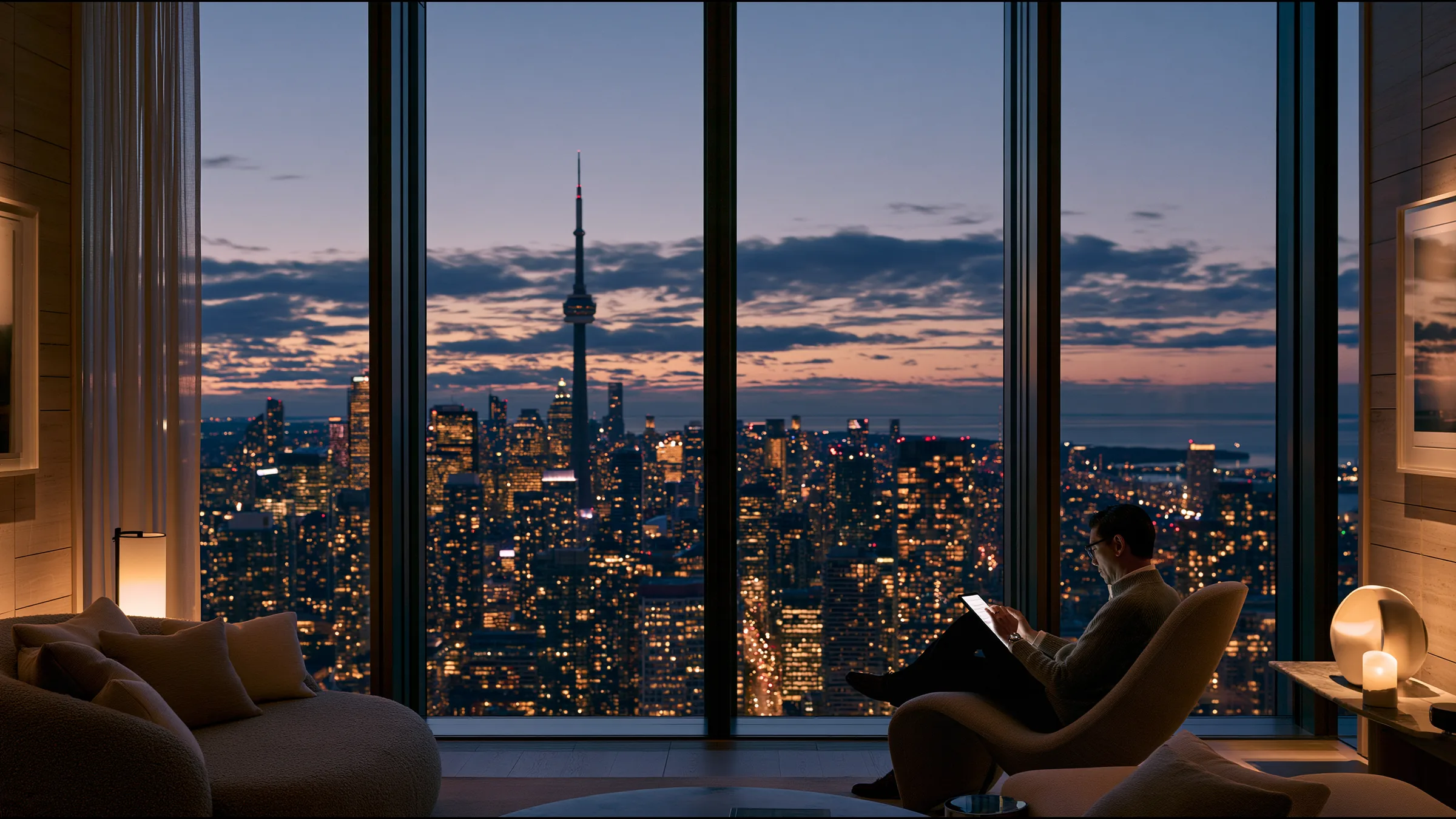 A clinician at ease in a vast, light-filled private clinic in Toronto, the city beyond the glass