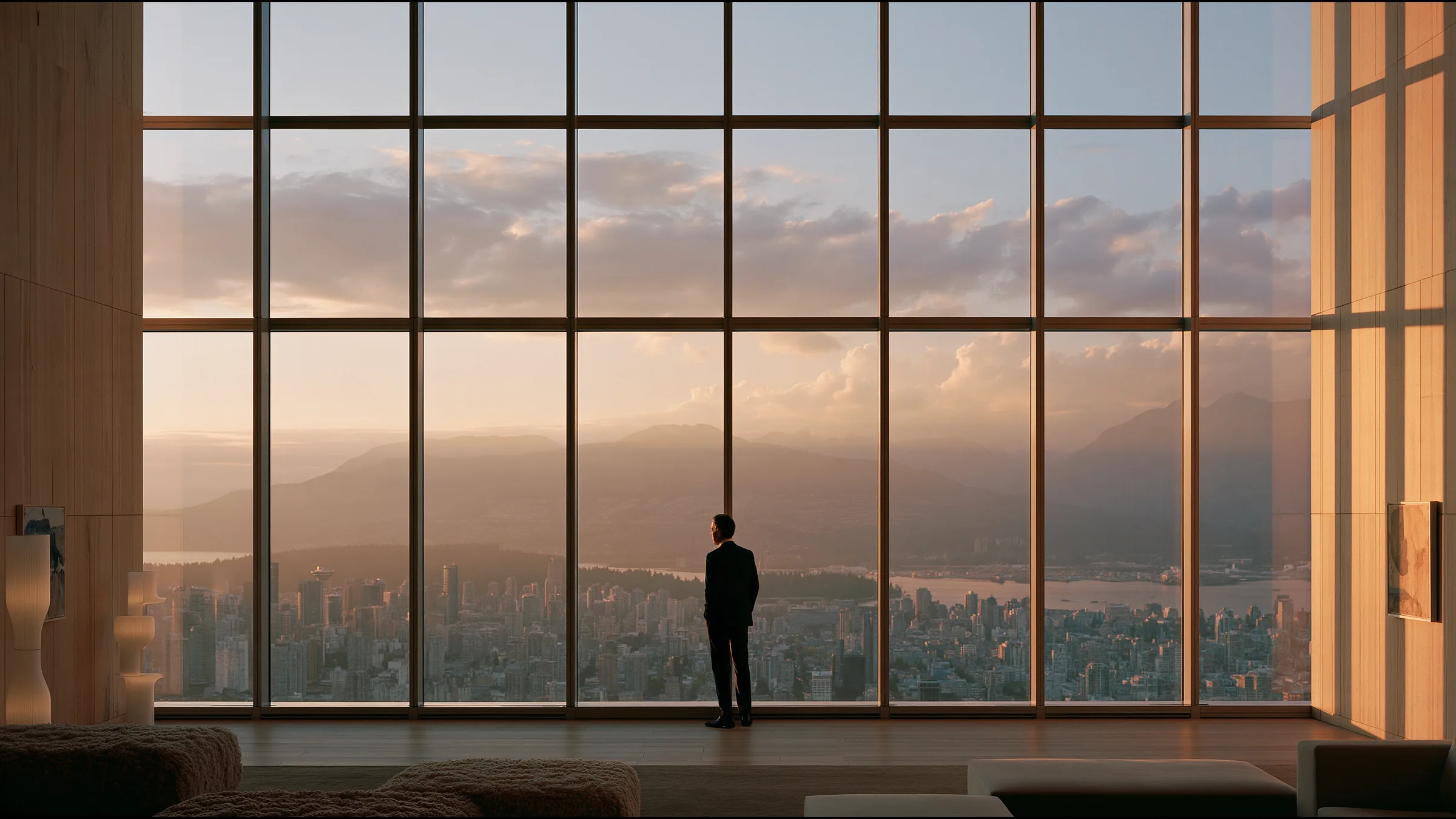 A clinician at ease in a vast, light-filled private clinic in Vancouver, the city beyond the glass