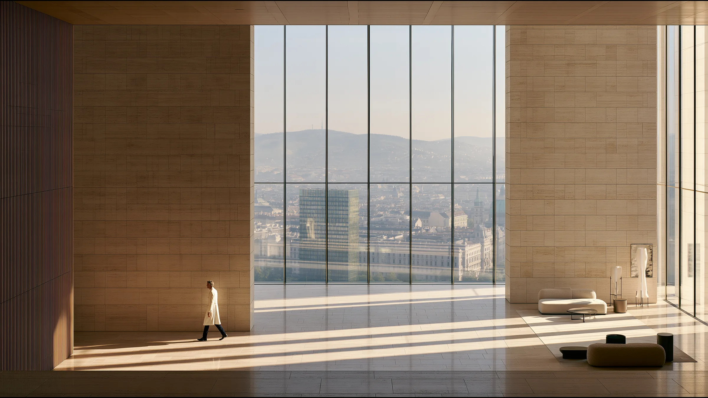 A clinician at ease in a vast, light-filled private clinic in Vienna, the city beyond the glass