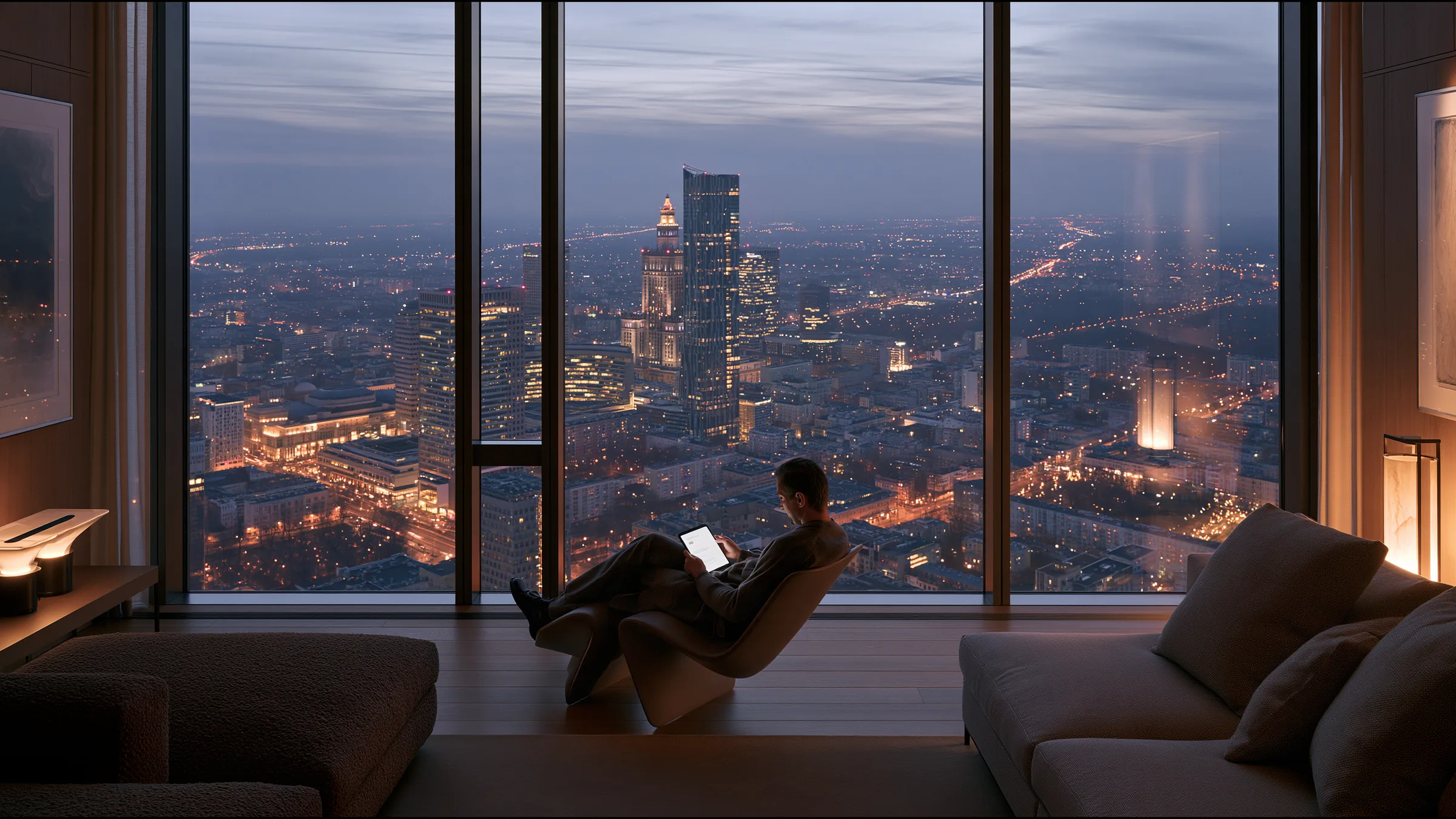 A clinician at ease in a vast, light-filled private clinic in Warsaw, the city beyond the glass