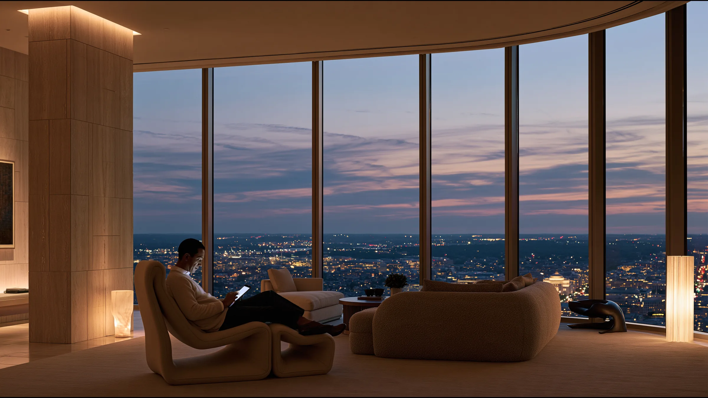 A clinician at ease in a vast, light-filled private clinic in Washington DC, the city beyond the glass