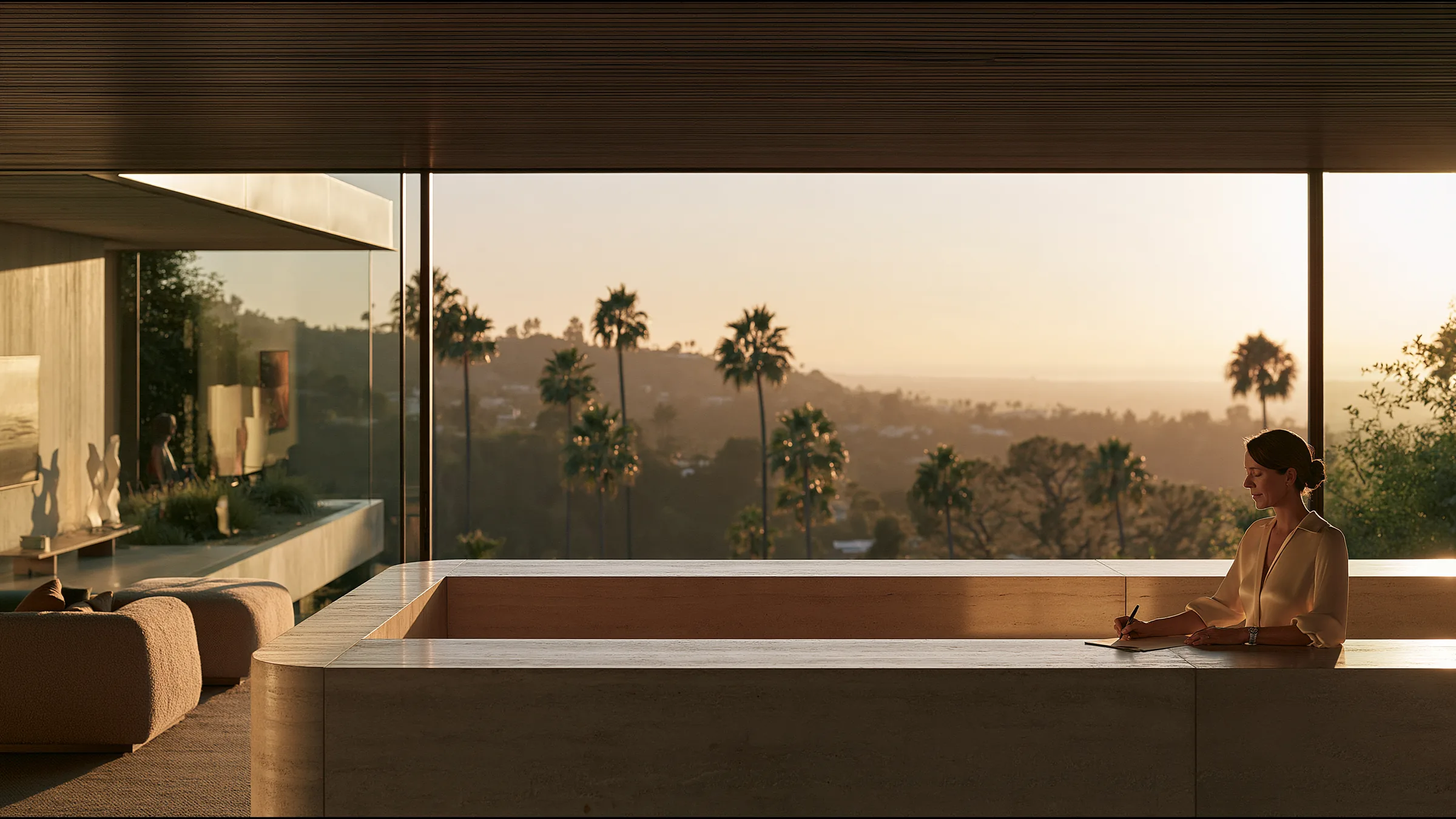 A physician in her forties signing the last letter of the day at a sunlit travertine desk in a vast Beverly Hills clinic, a quiet smile, palms and the hills through a wall of glass at golden hour