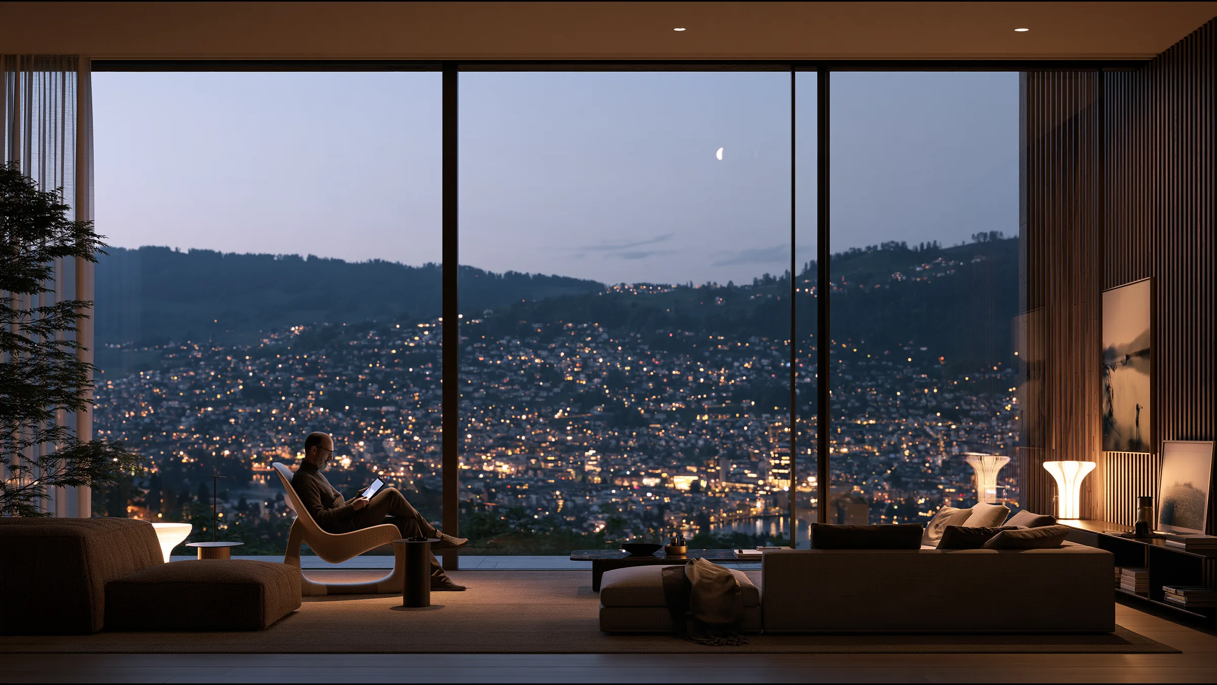 A clinician at ease in a vast, light-filled private clinic in Zug, the city beyond the glass