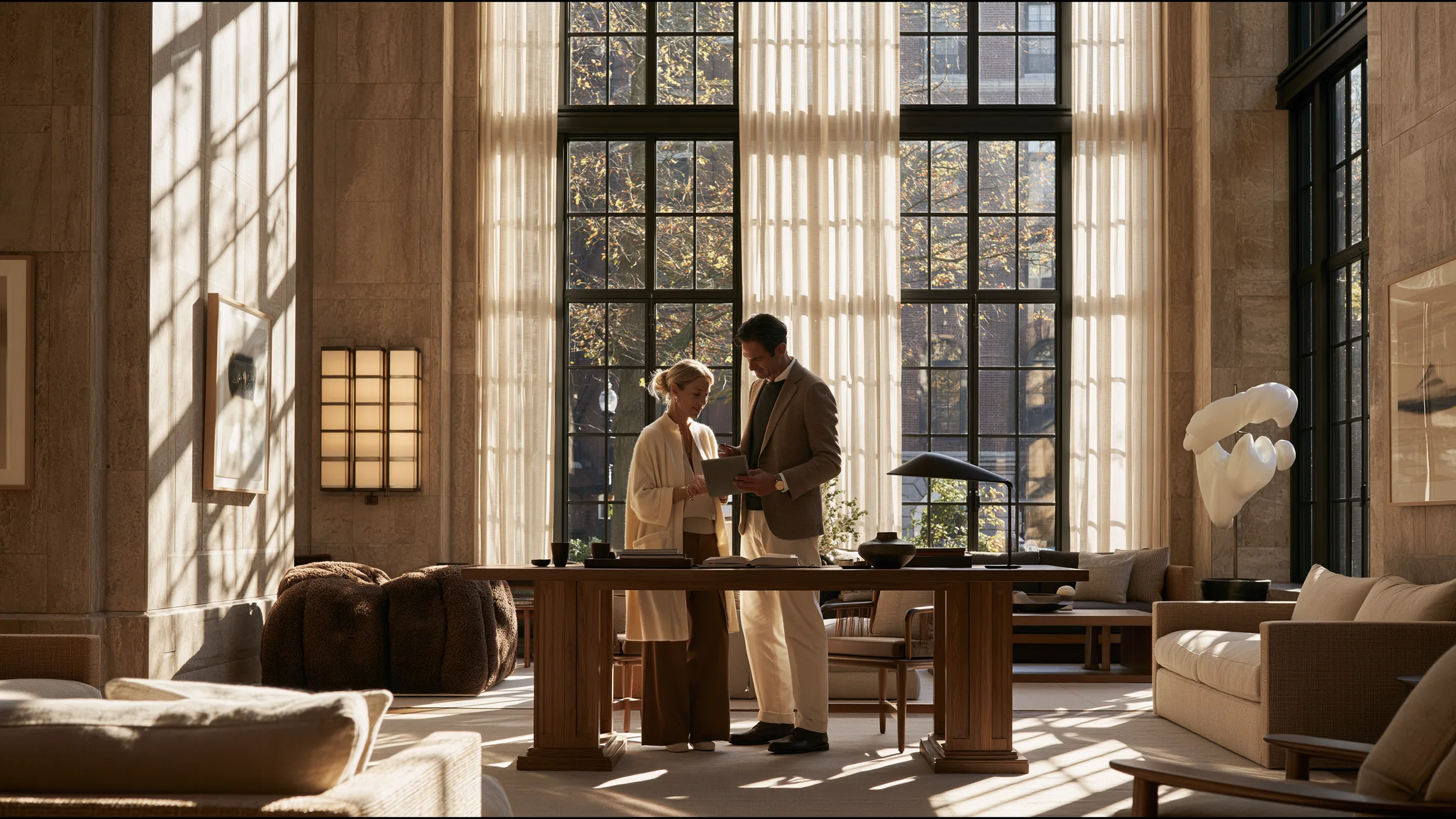 A physician in her forties and a billing lead in his thirties standing at a tall oak desk in a grand Back Bay clinic in Boston, reviewing a single tablet together with calm agreement, autumn light