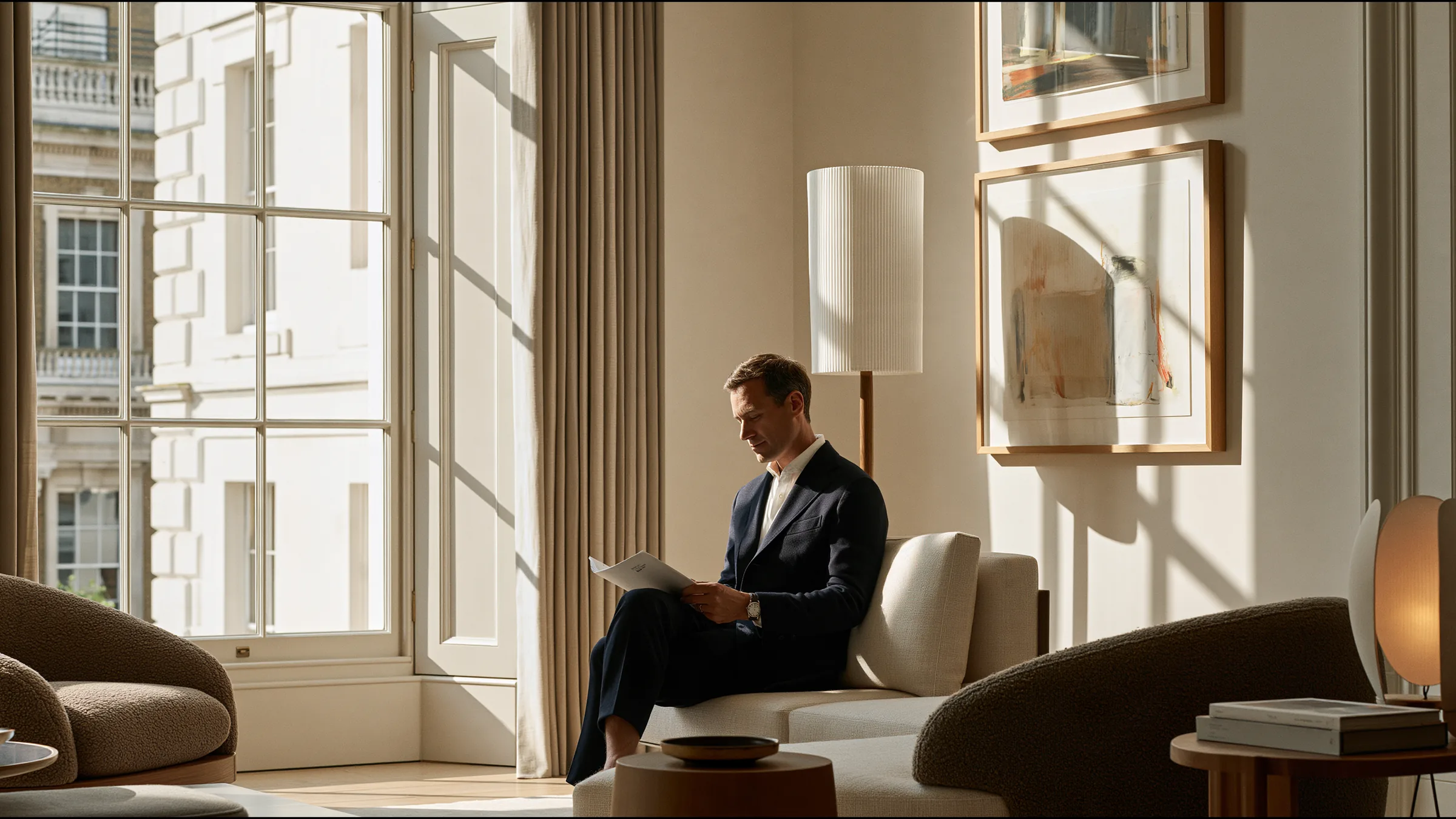 A dermatology clinic director in his forties reading a single page in a grand Mayfair consulting room in London, a quiet look of satisfaction, tall Georgian windows, art and a sculptural lamp