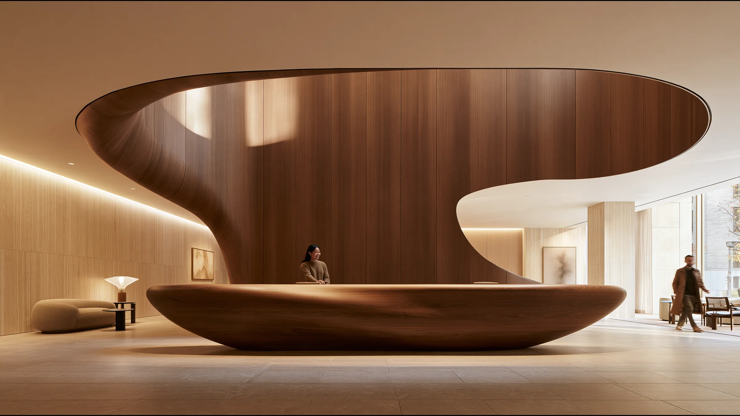 A clinic coordinator in fine knit at a sculptural walnut reception in a double-height Yorkville clinic in Toronto, smiling as a patient arrives on time, both autumn light