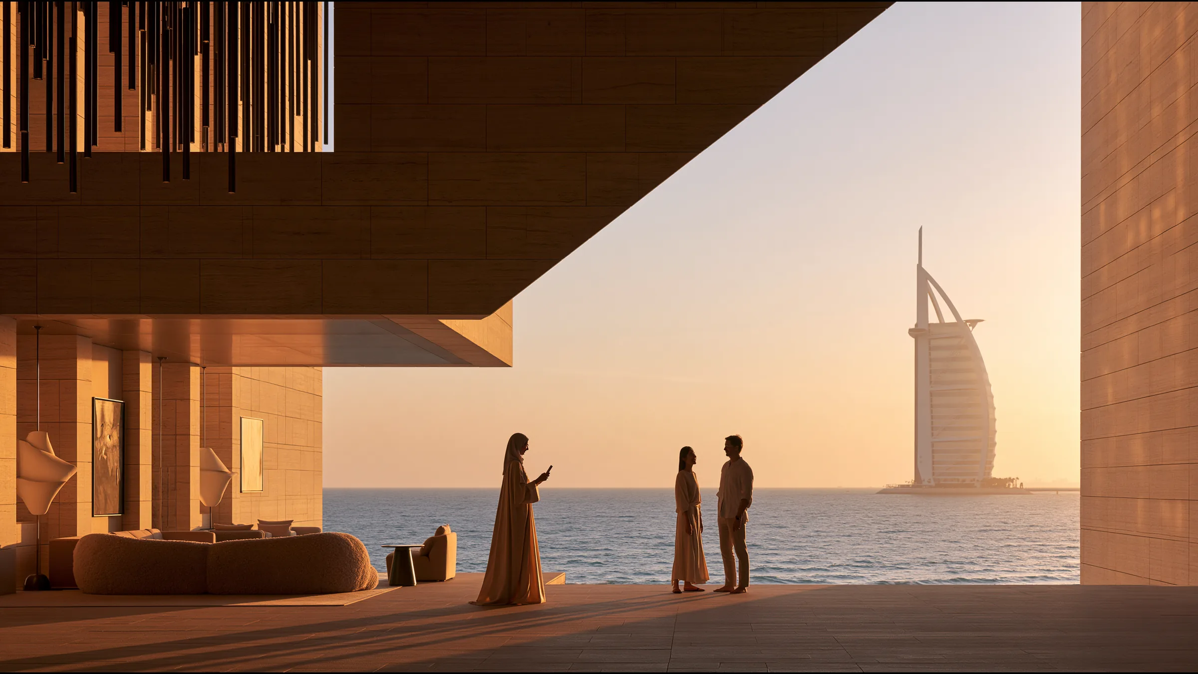 A patient coordinator in an elegant abaya and a patient in linen in a soaring limestone reception in Jumeirah, Dubai, both smiling as she shows a confirmed booking on her phone, golden hour light
