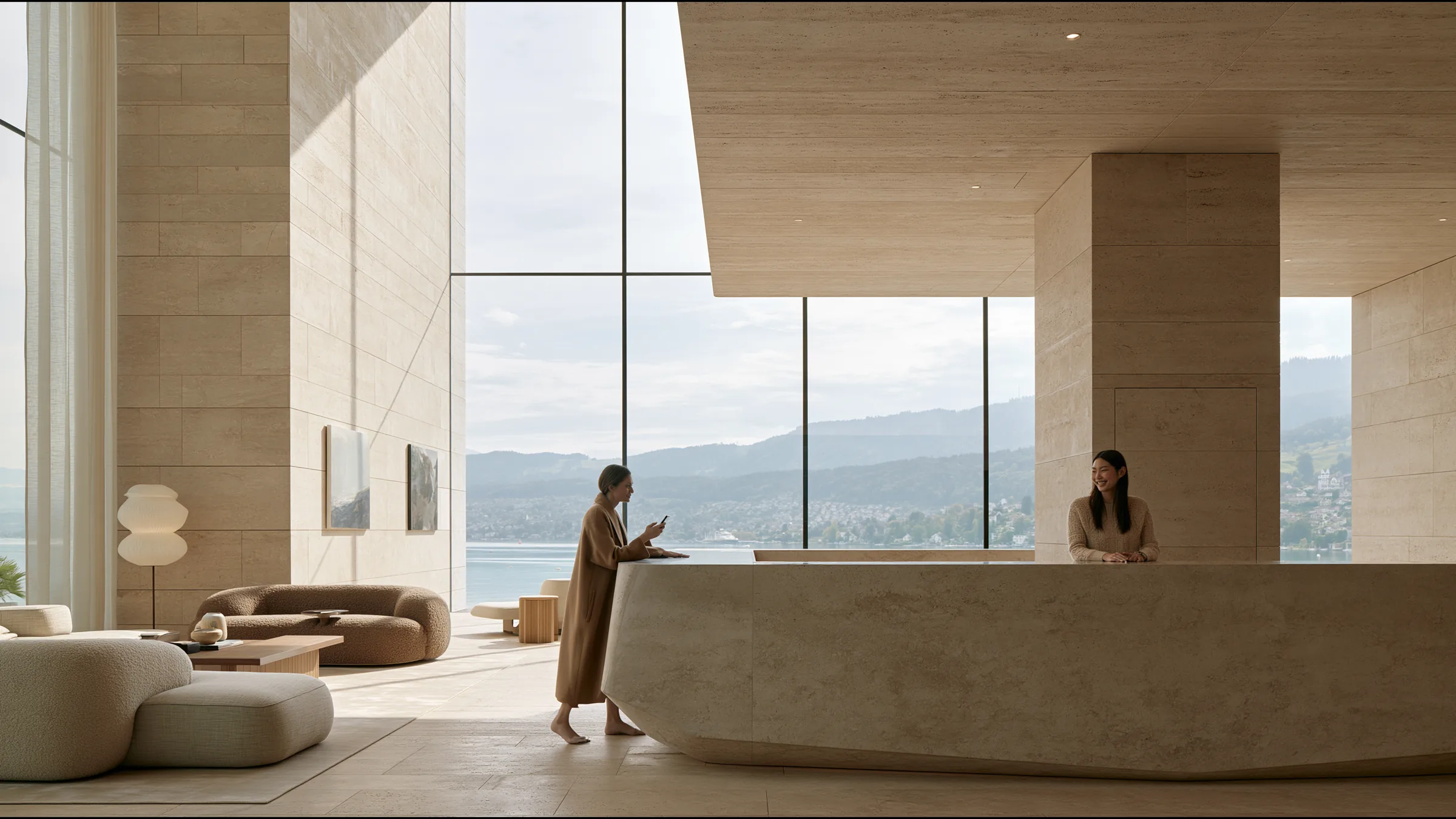 A patient tapping her phone at a sculptural stone reception in a double-height Zurich clinic, a receptionist in fine knit smiling, both Lake Zurich and the mountains through tall glass
