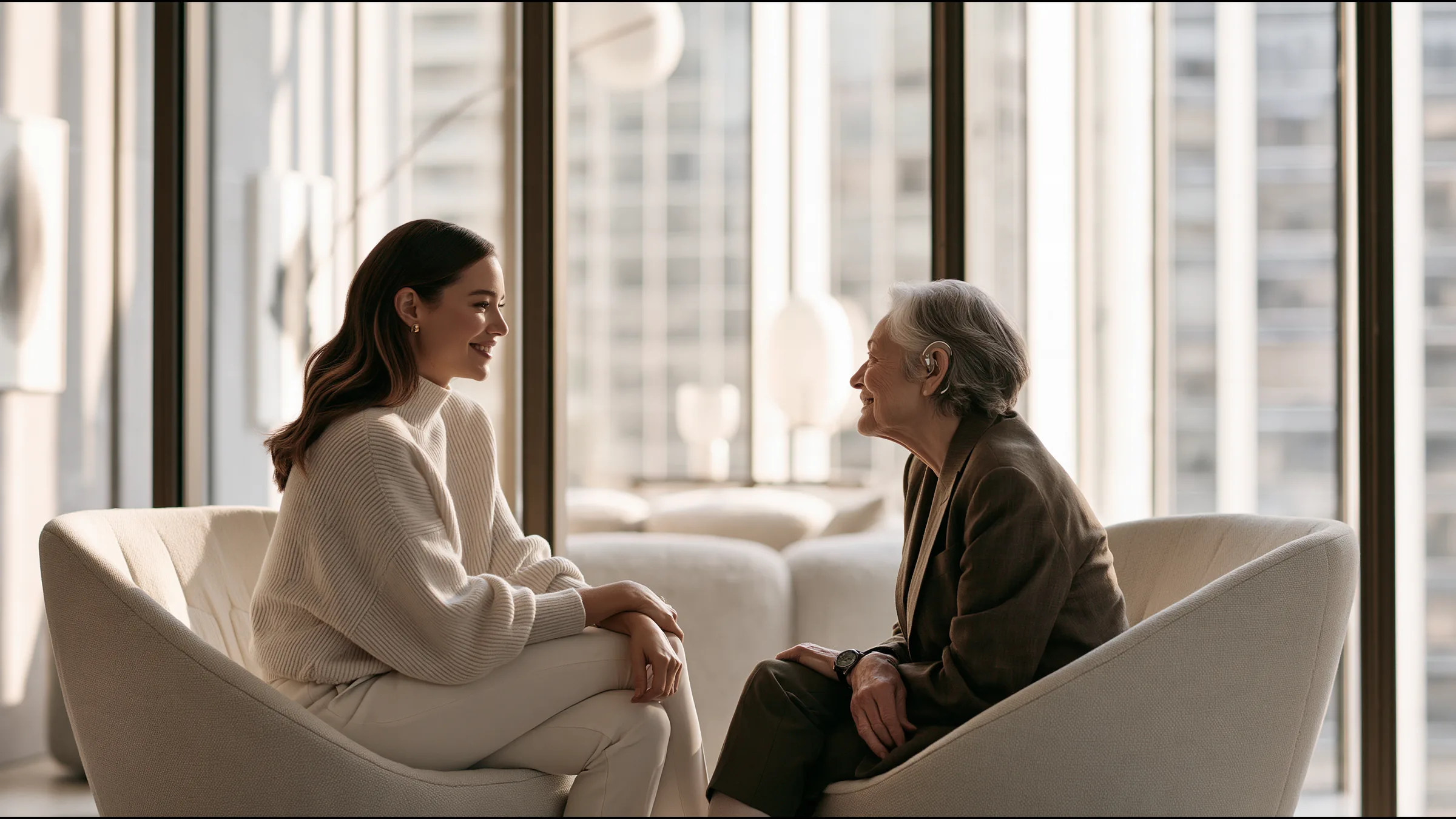 A clinician in fine knit sitting knee to knee with an older patient wearing a hearing aid in a vast light-filled Yorkville consulting suite in Toronto, both laughing softly, two sculptural chairs, tall windows