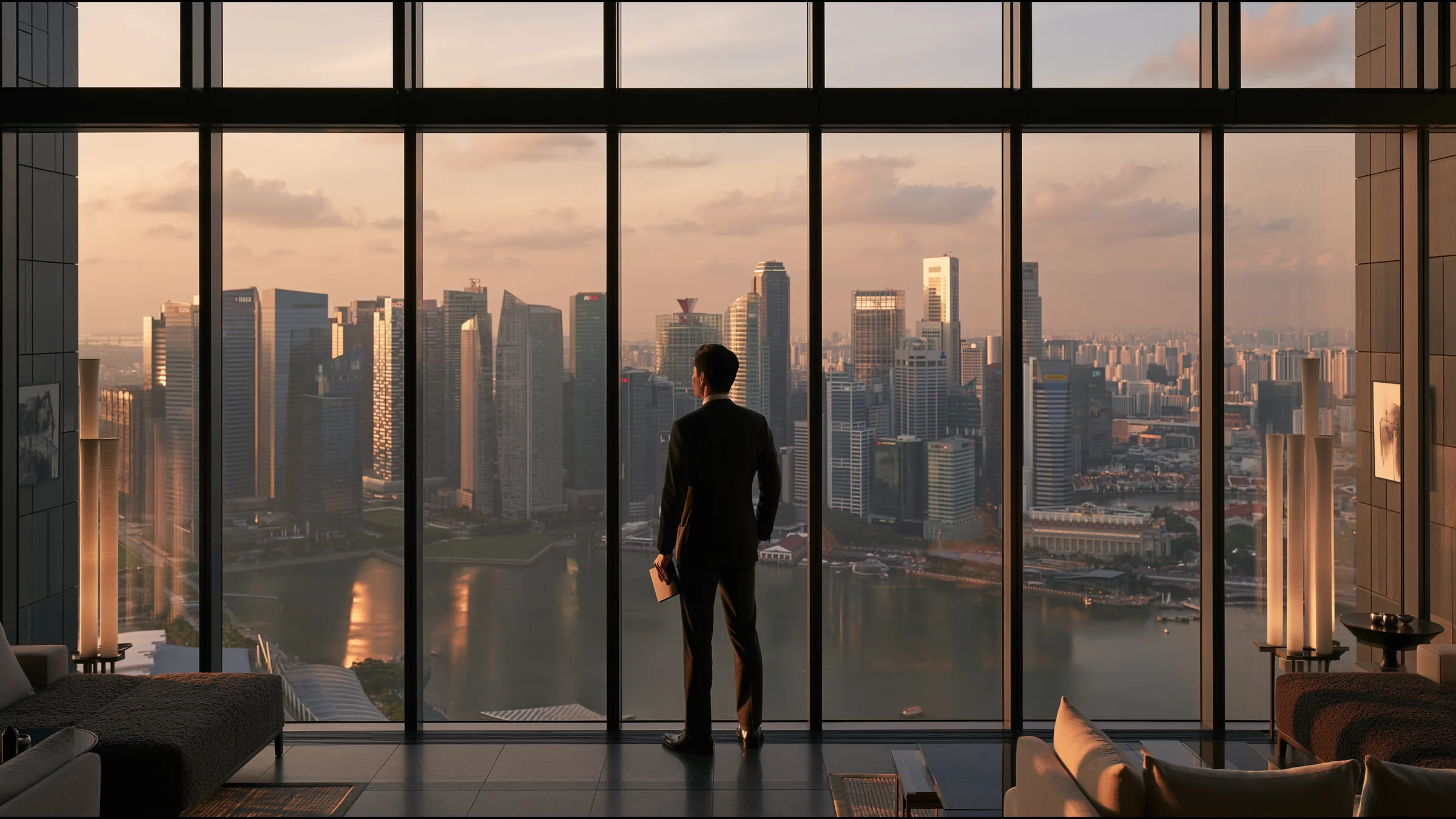 A product lead in standing alone at a vast glass wall above Marina Bay, Singapore, in late afternoon light, a notebook in hand