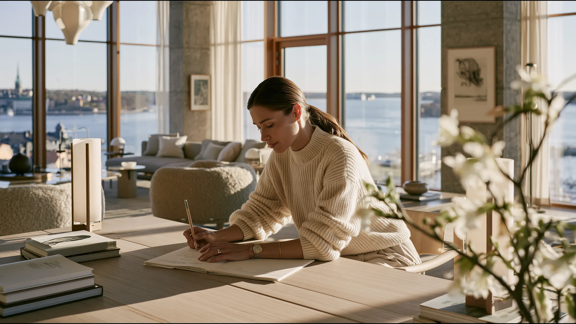 A consultant dermatologist in her late thirties in a cream knit alone at a pale oak desk in a vast bright Östermalm practice in Stockholm, reading a single clause with a pencil, calm, tall windows and the waterfront
