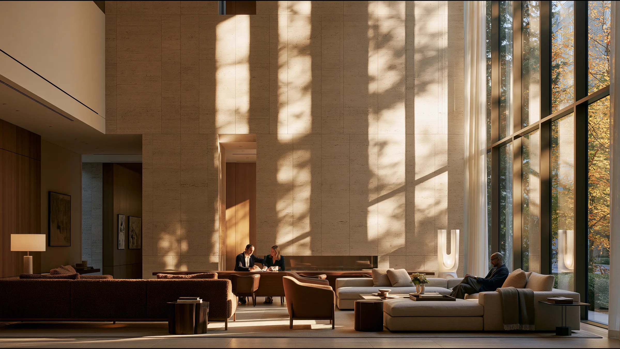Two clinic partners in their forties in at the end of a long walnut table in a double-height Yorkville clinic in Toronto, reading a contract over coffee, warm autumn light