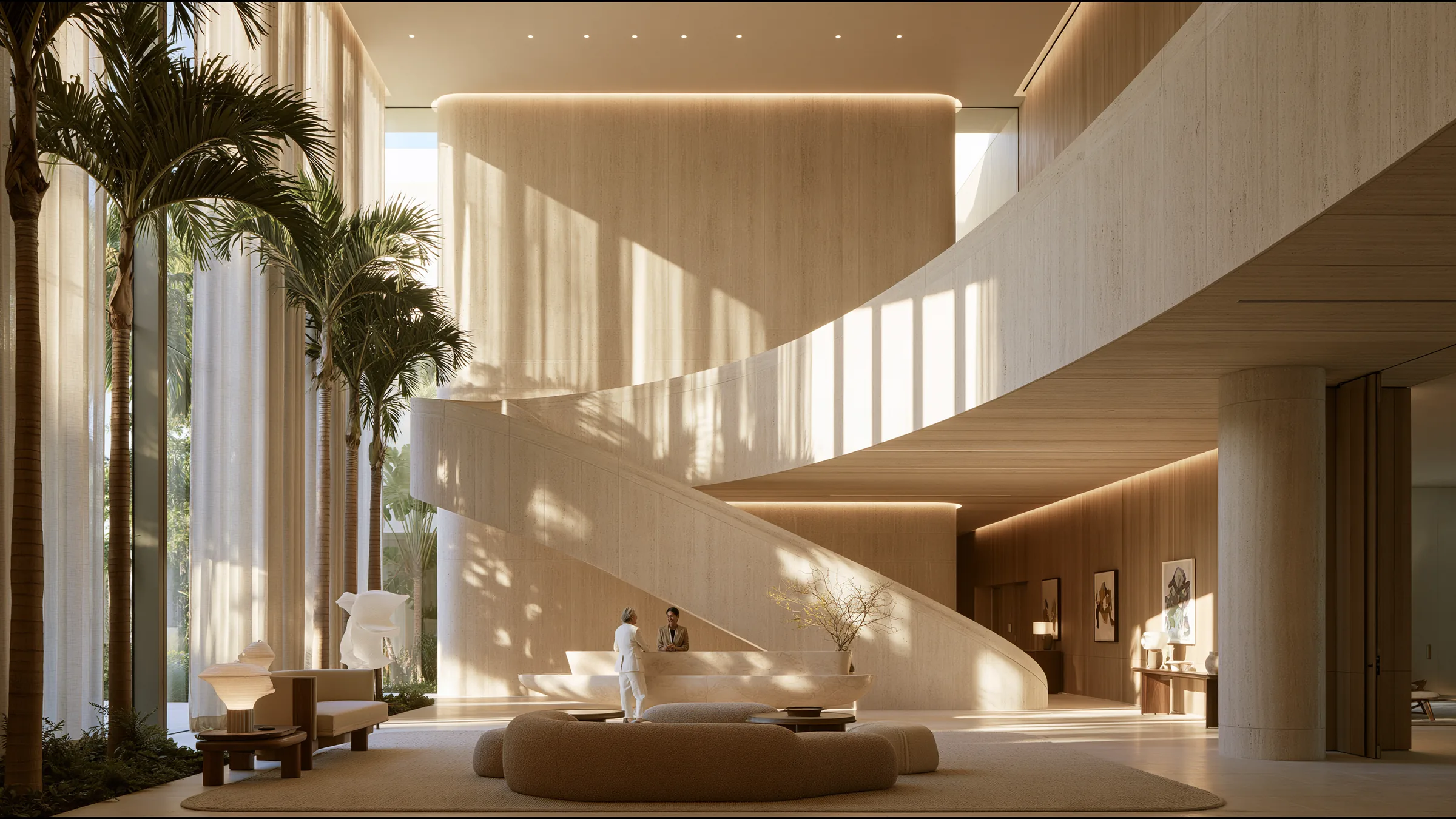 A clinic director in her fifties sharing a laugh with her front desk lead at a sculptural stone reception in a soaring Coral Gables clinic in Miami, palms in golden light