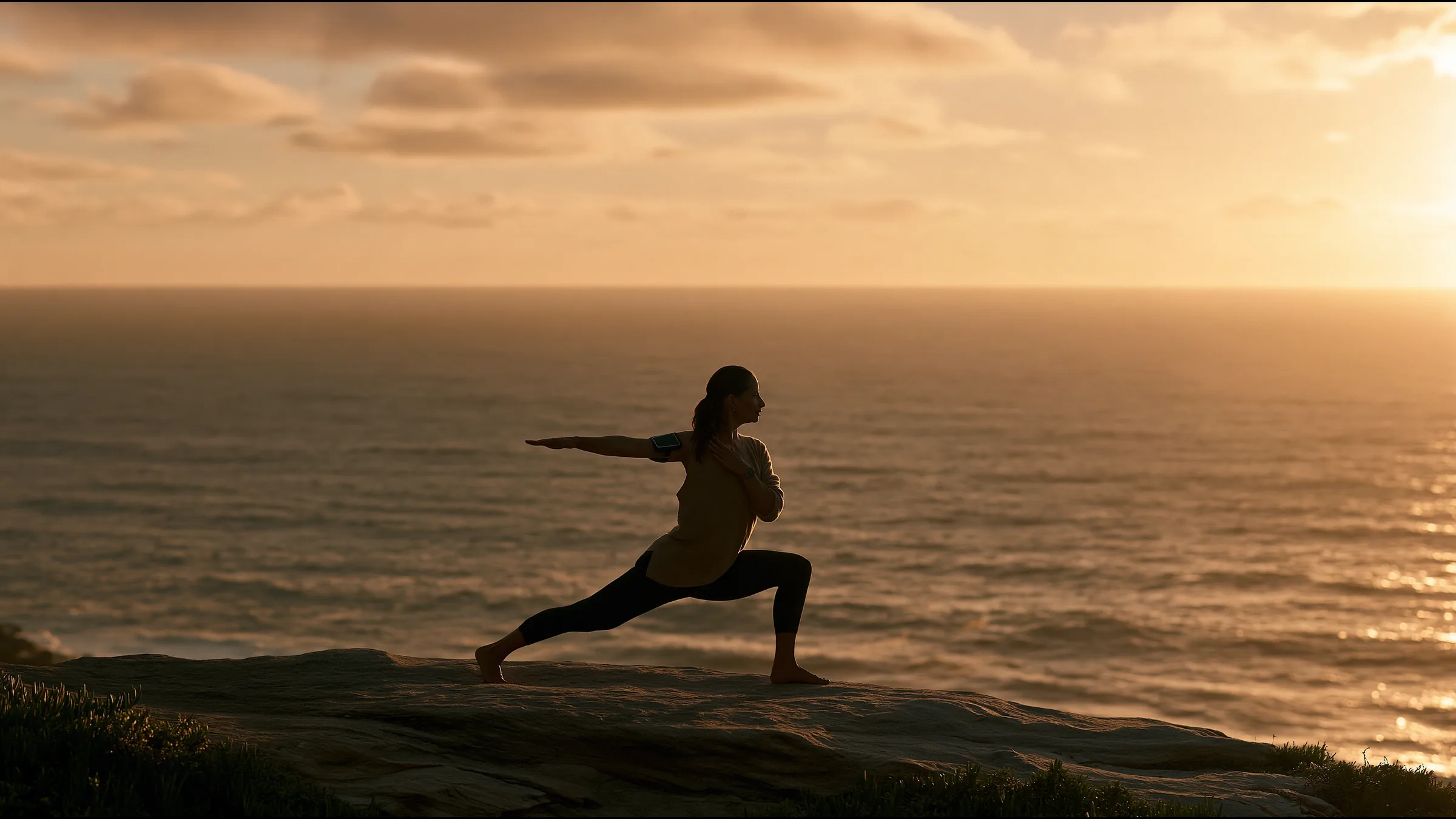 A woman in her forties in fine athletic knitwear stretching on a clifftop above the ocean on the Bondi to Bronte walk at sunrise, relaxed, a sensor on her upper arm, the sea vast and gold