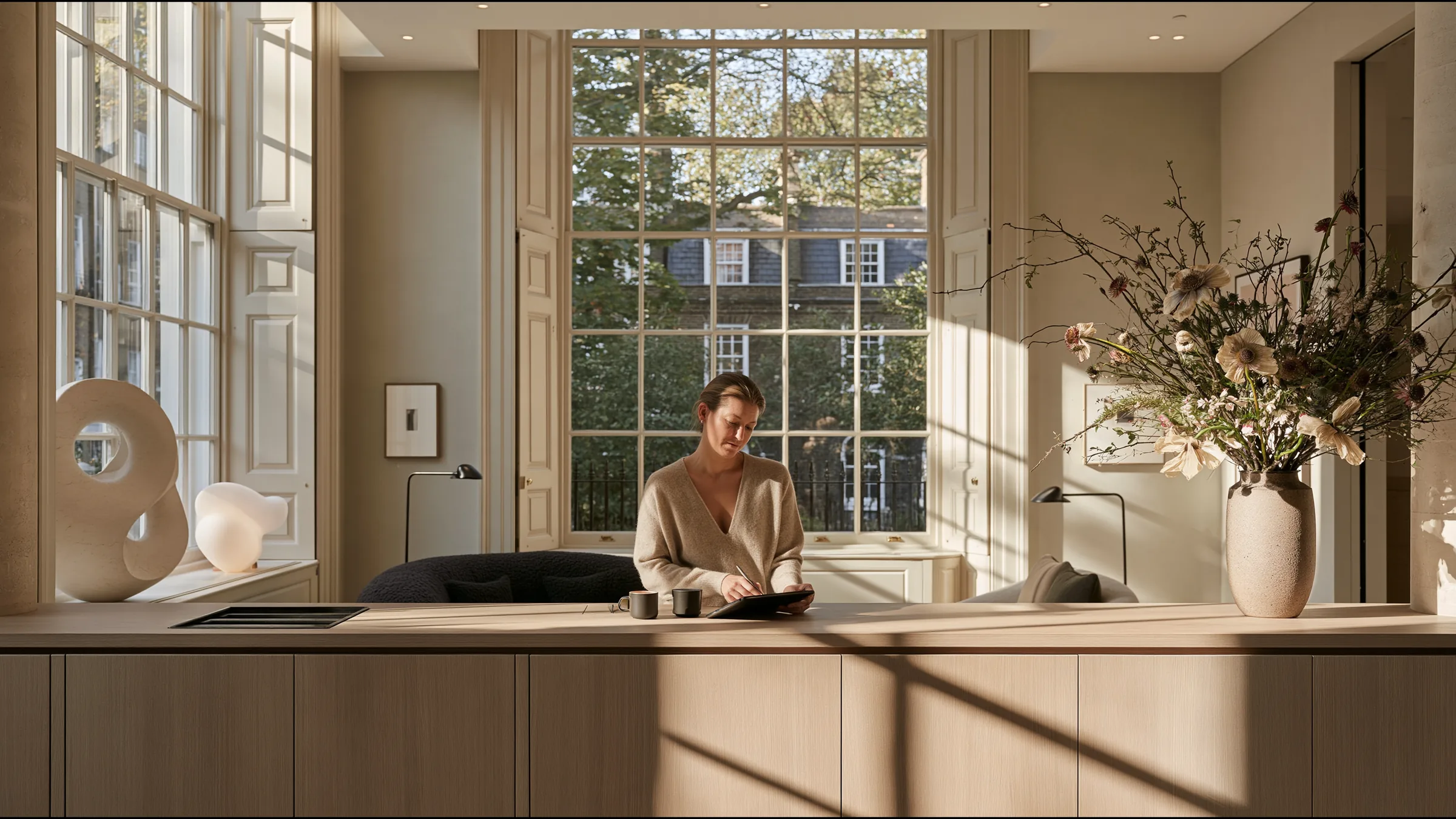 An operations lead in her forties at a pale oak reception in a grand Georgian Marylebone clinic at 8am, coffee in hand, approving the night's replies on a tablet with calm satisfaction, tall windows of morning light