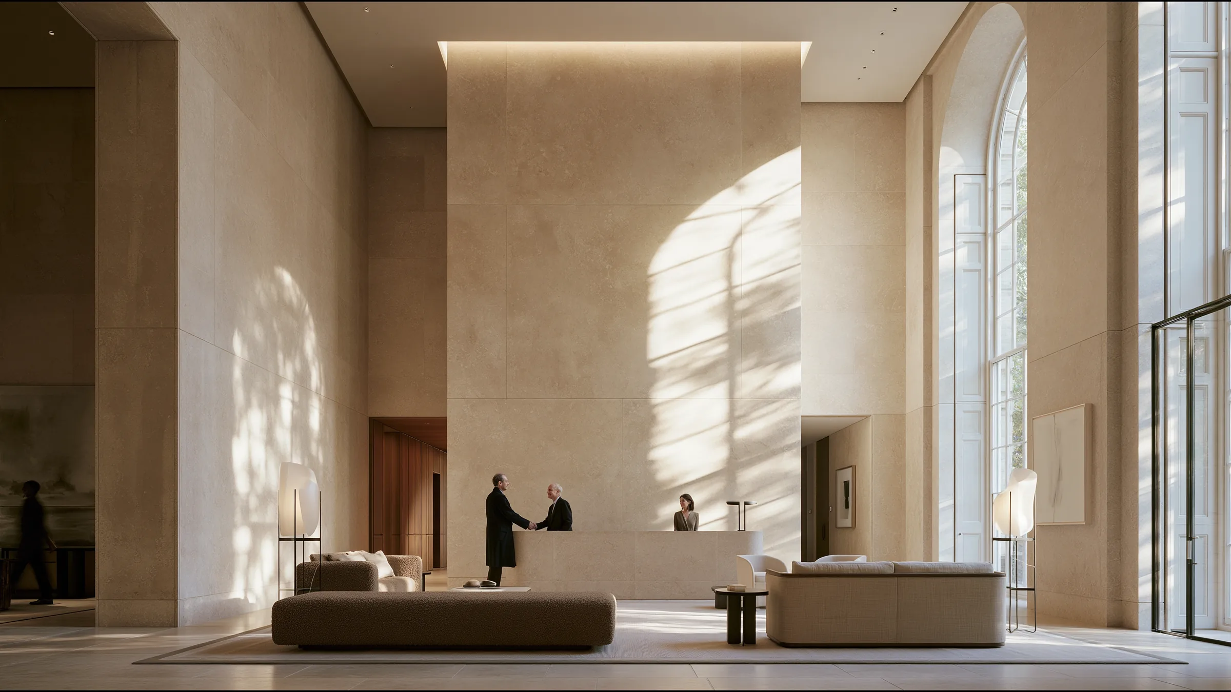 A patient in his sixties shaking hands with a clinic coordinator in a grand Harley Street reception in London, autumn light through tall Georgian sash windows, relief