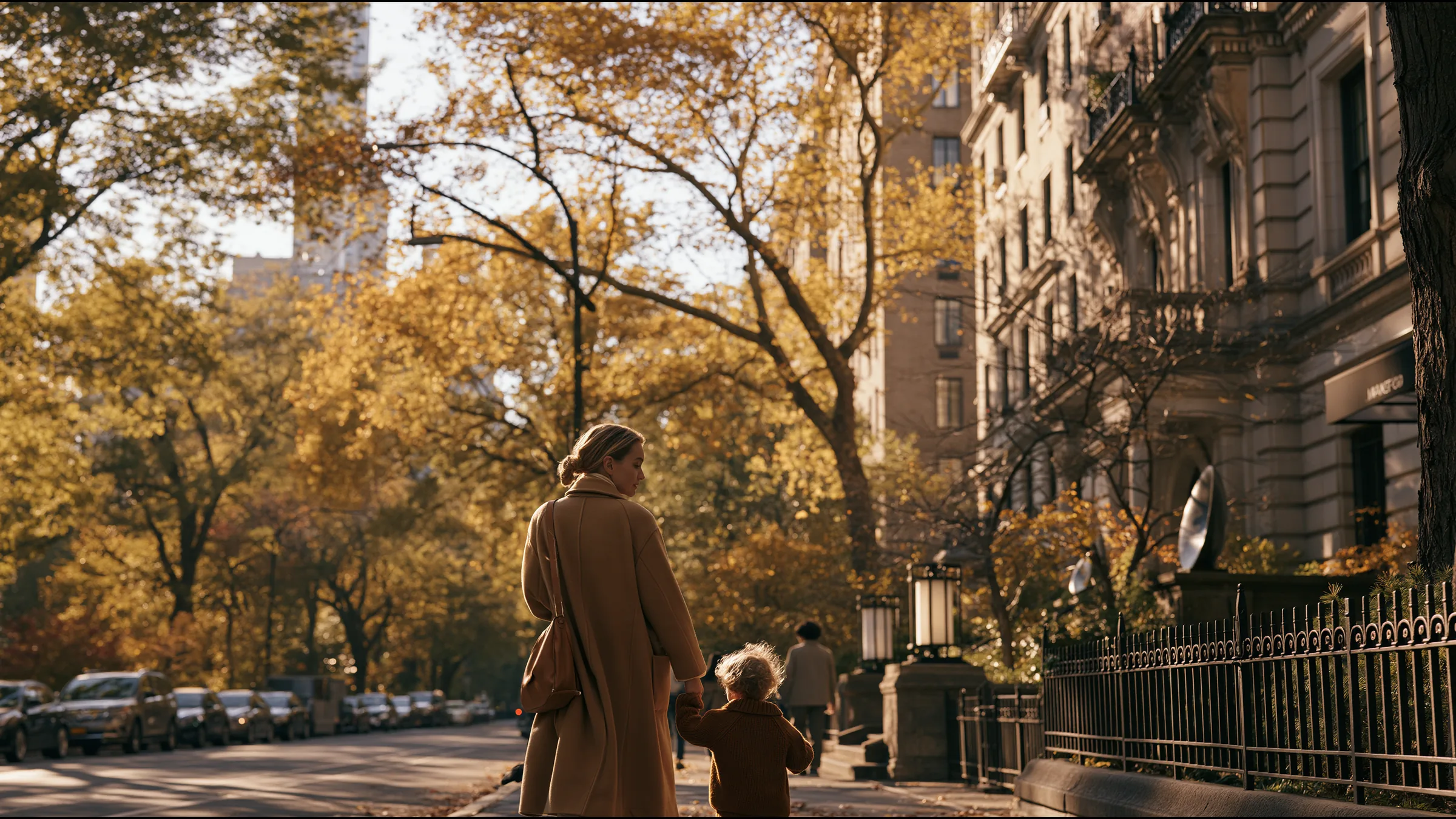 A mother in a camel coat walking with her young child on a wide quiet avenue beside Central Park at lunchtime, glancing at a message from her clinic with relief, autumn trees and grand facades