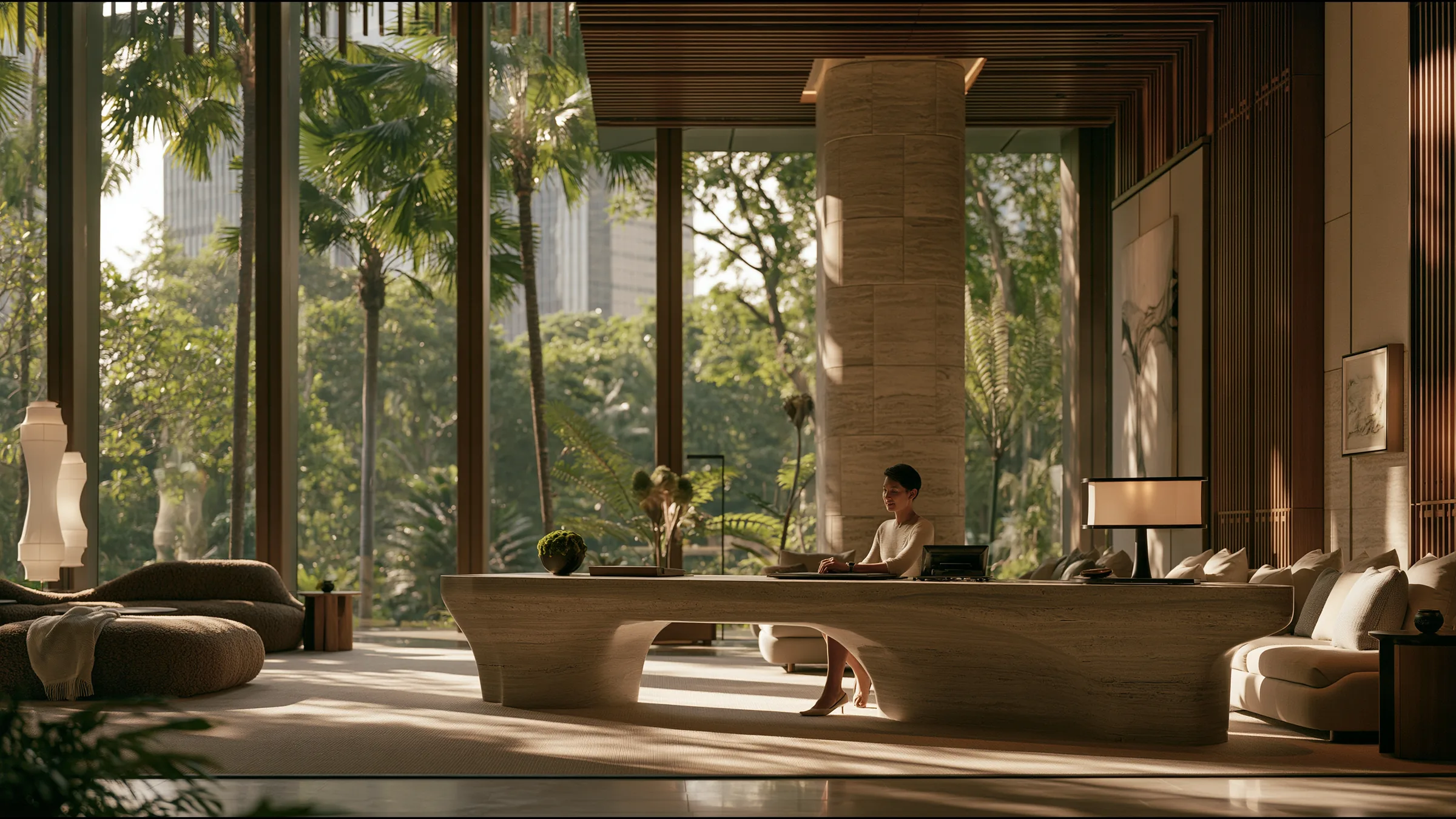 A receptionist in fine knit seated alone at a single sculptural stone desk in a vast calm clinic above Orchard Road, Singapore, one screen, composed and unhurried