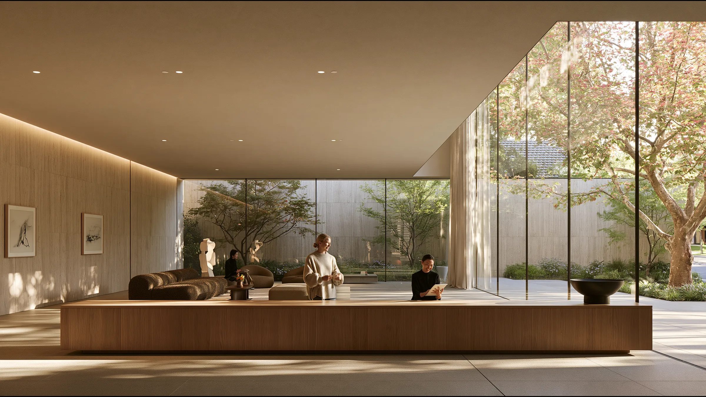 A physiotherapy clinic director in fine knit and her receptionist smiling at a tablet at a long timber counter in a vast light-filled South Yarra clinic in Melbourne, a wall of glass onto a garden
