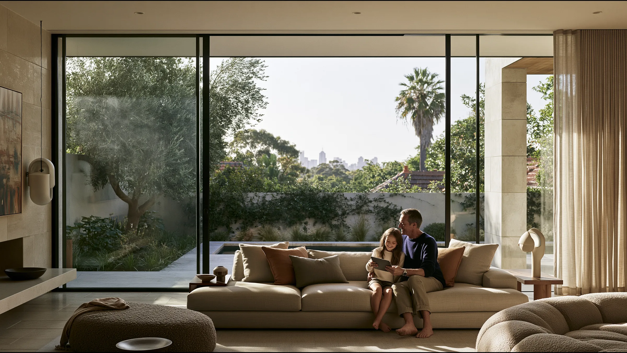 A man in his sixties with his daughter on a deep linen sofa in a vast light-filled South Yarra home, reading his results on a tablet together, warm and reassured, a wall of glass onto a garden and the Melbourne skyline
