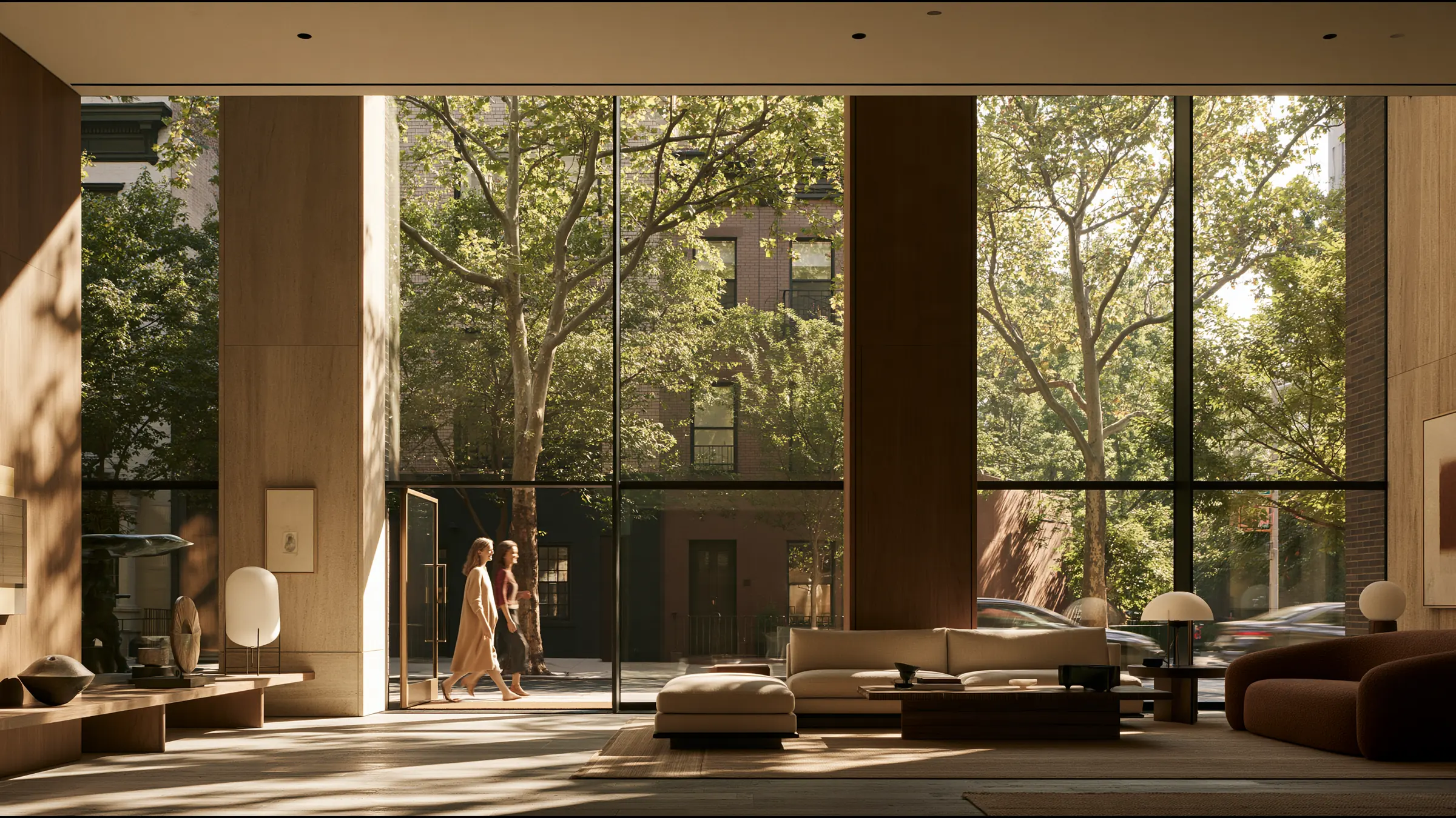 A therapist in her forties in cashmere walking a client to the door of a calm double-height West Village practice in New York, both smiling at the end of a session, tall windows and a tree-lined street