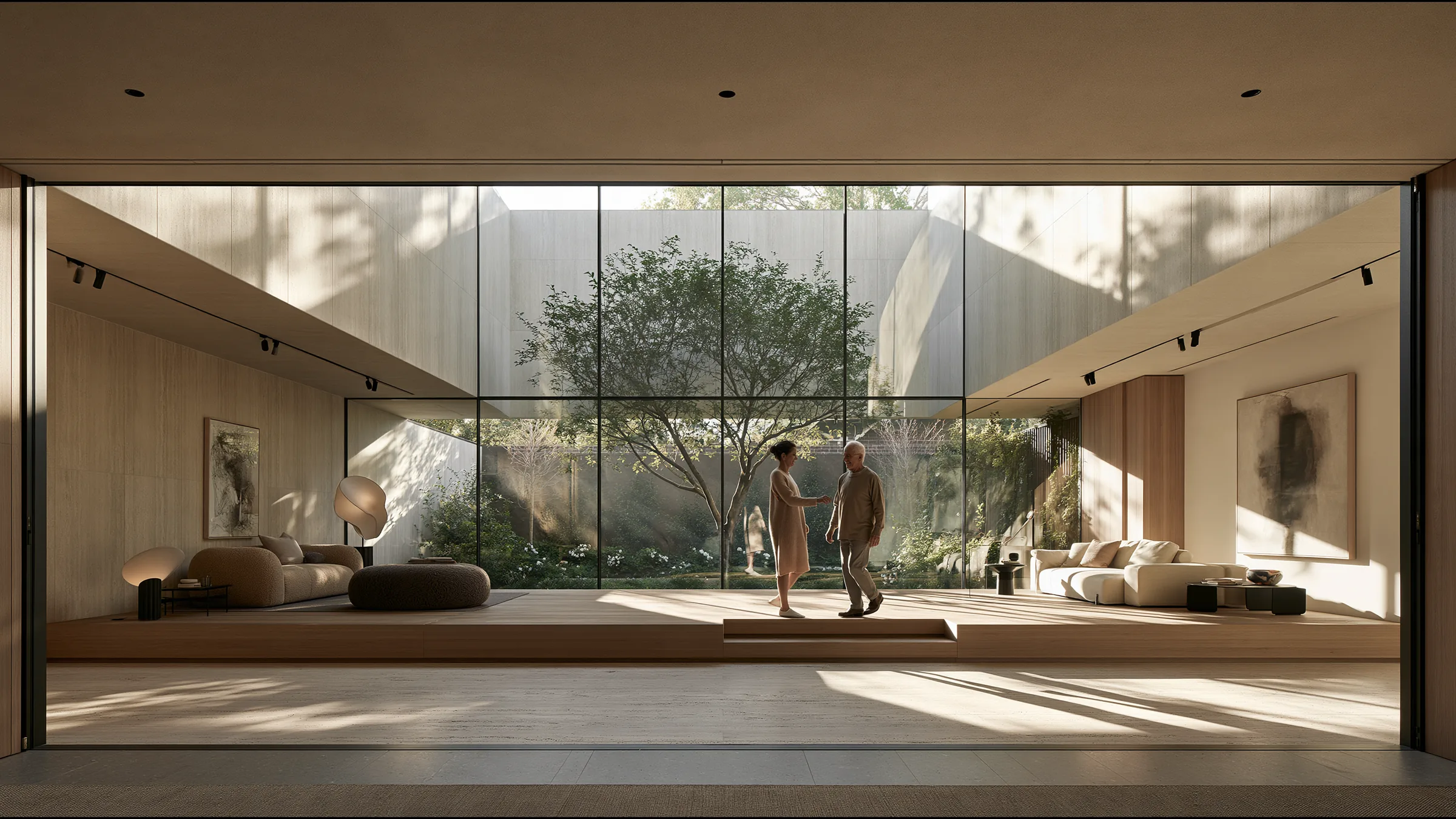 A physiotherapist in fine knit guiding a smiling older man through a step-up on an oak platform in a vast light-filled South Yarra clinic in Melbourne, a wall of glass onto a garden