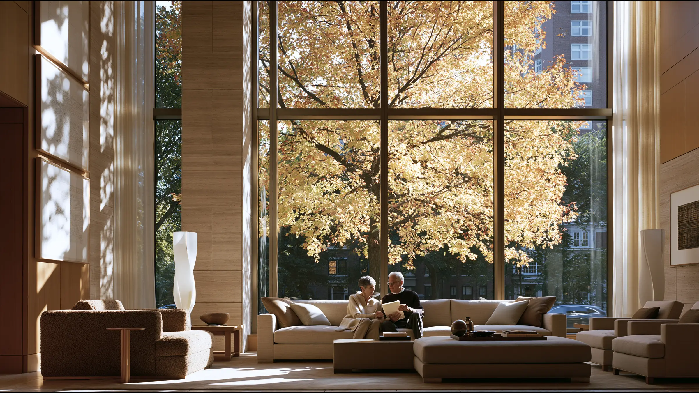 A couple in their sixties in cashmere on a deep linen sofa in a vast calm Back Bay clinic lounge in Boston, going over a short handwritten list together, relaxed, tall windows and autumn trees