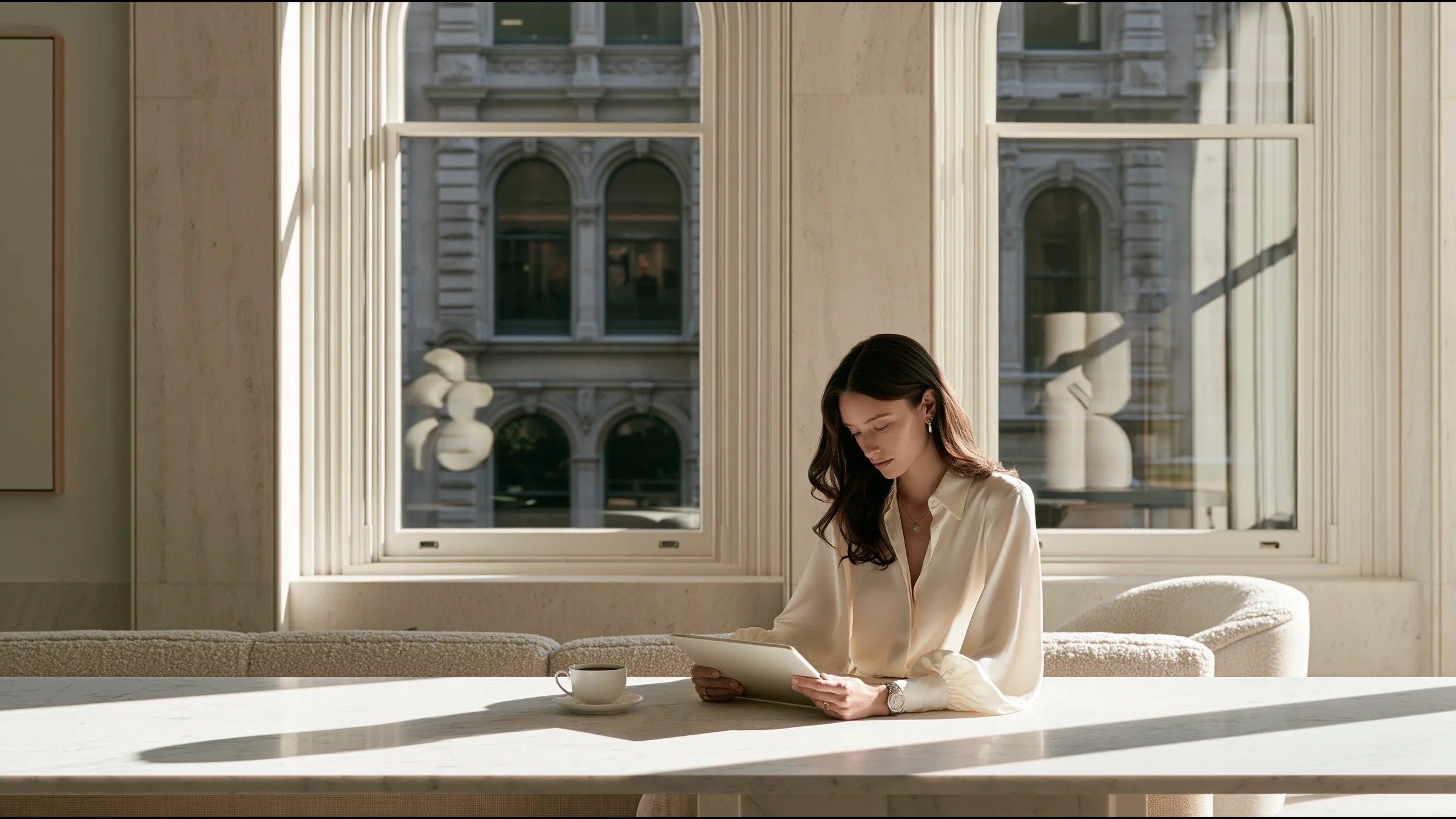 A consultant alone with a coffee at a long marble table in light-filled Collins Street rooms in Melbourne, reading the morning's referrals on a tablet, calm and in control, tall arched windows