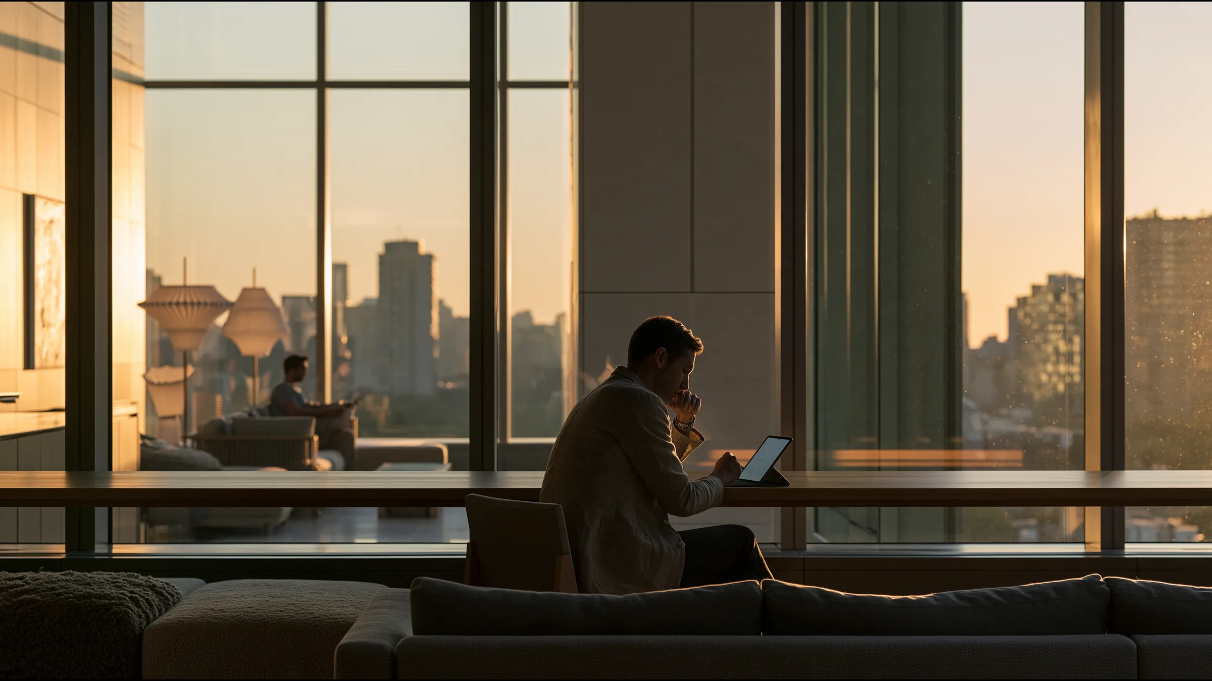 An orthopaedic surgeon in his forties in an unstructured alone at a vast window desk in a double-height Yorkville clinic in Toronto, reviewing a note on a tablet, relaxed, late afternoon gold light