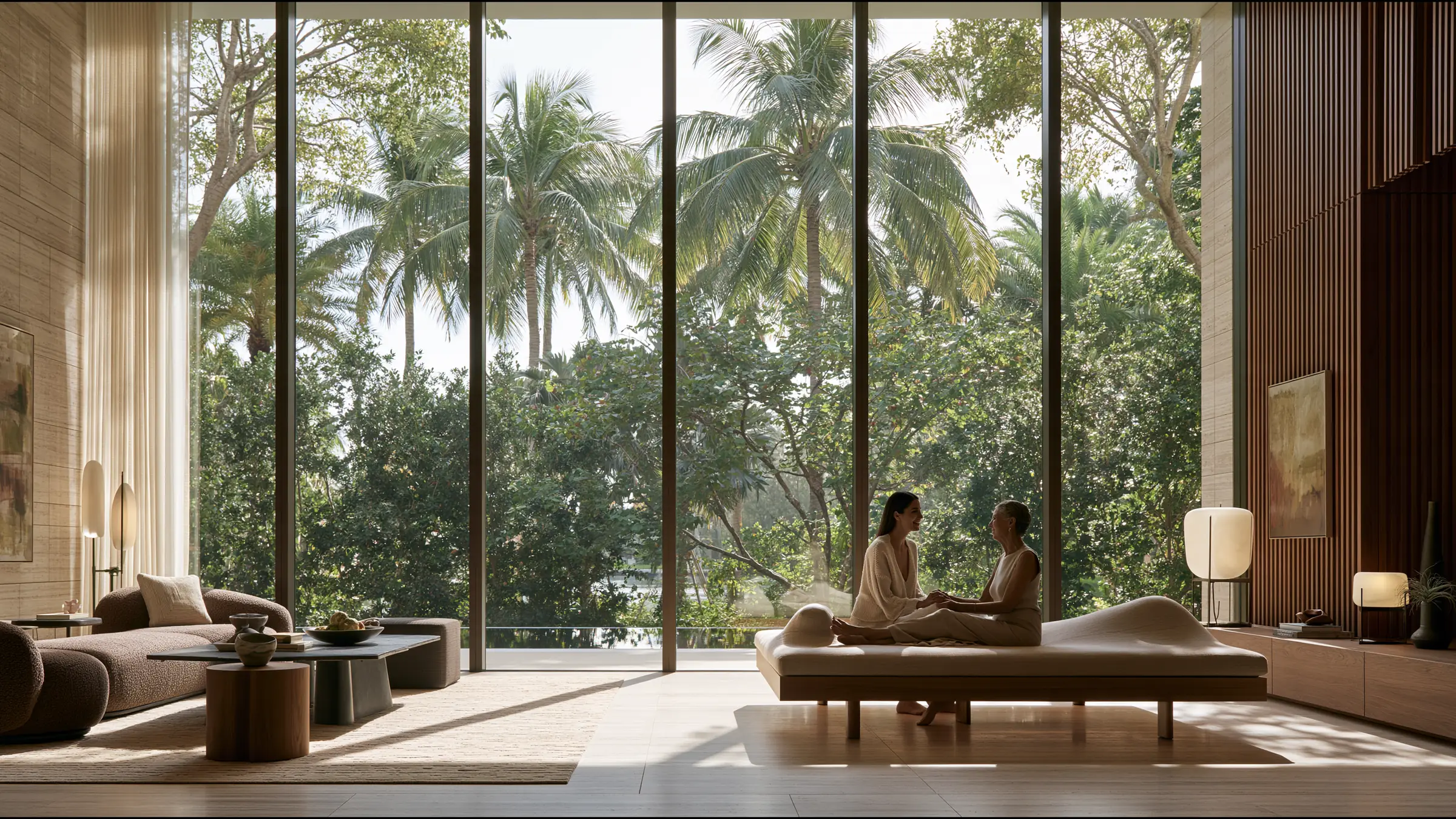An aesthetic nurse practitioner in a cream knit sharing a gentle laugh with a client in her fifties in a serene double-height treatment suite in Coral Gables, Miami, a single sculptural daybed, palms beyond