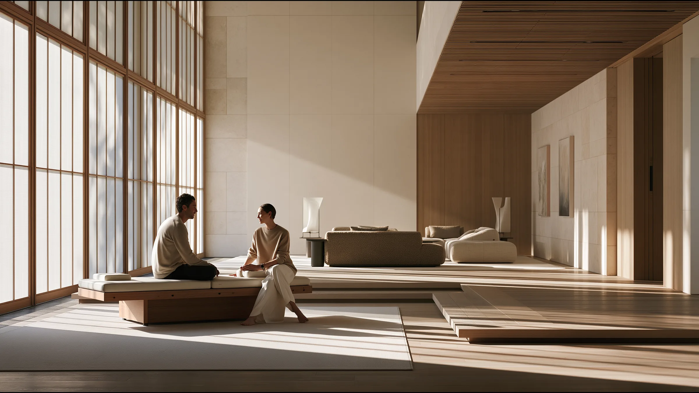 A GP and a physiotherapist in fine knit talking beside an oak treatment daybed in a vast bright Richmond clinic in Melbourne, late morning light through tall windows, warm collegiality