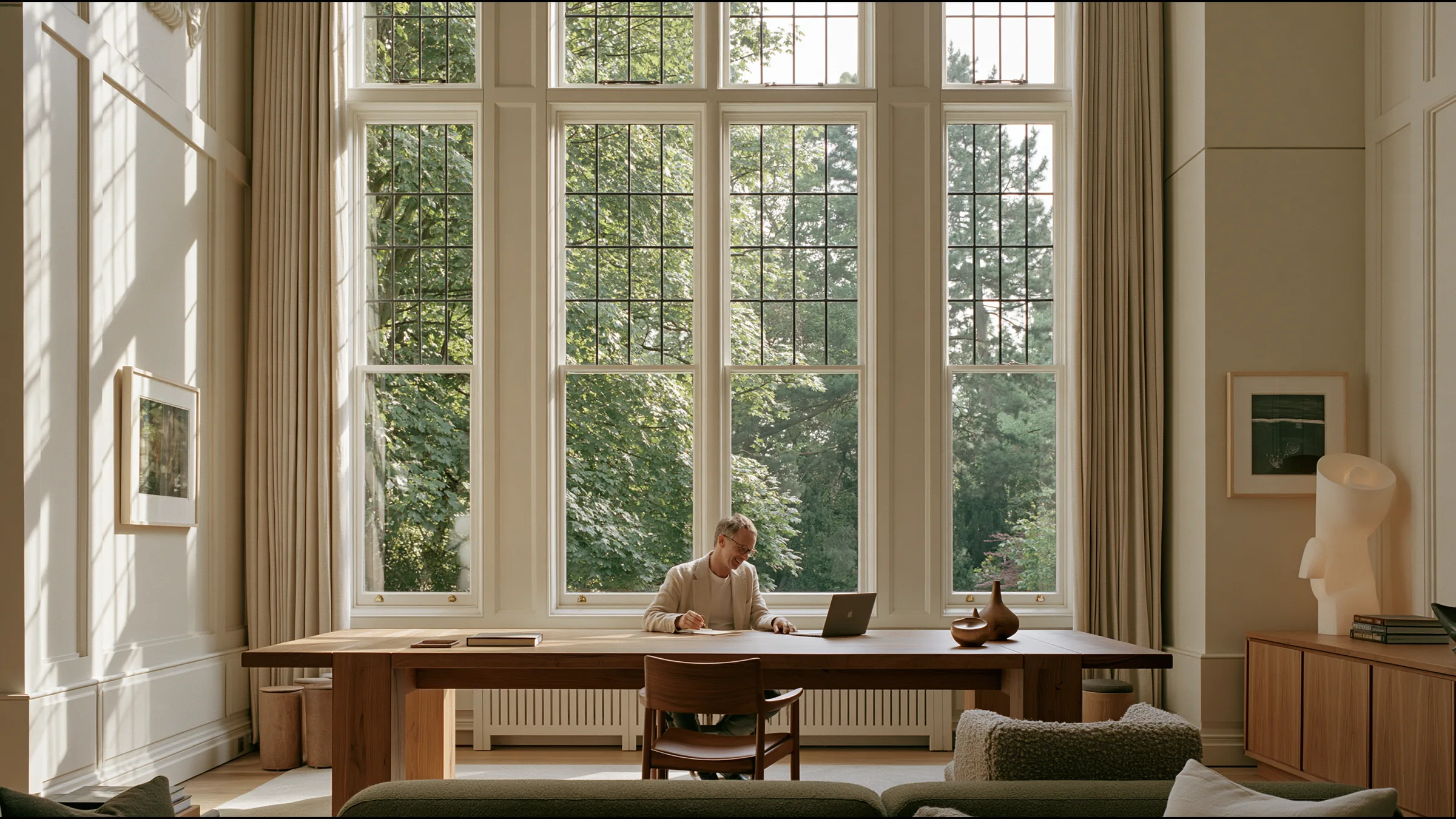 A GP in his forties in an unstructured alone at a wide oak desk in a bright high-ceilinged Victorian clinic in Didsbury, Manchester, a calm smile, tall windows onto green trees