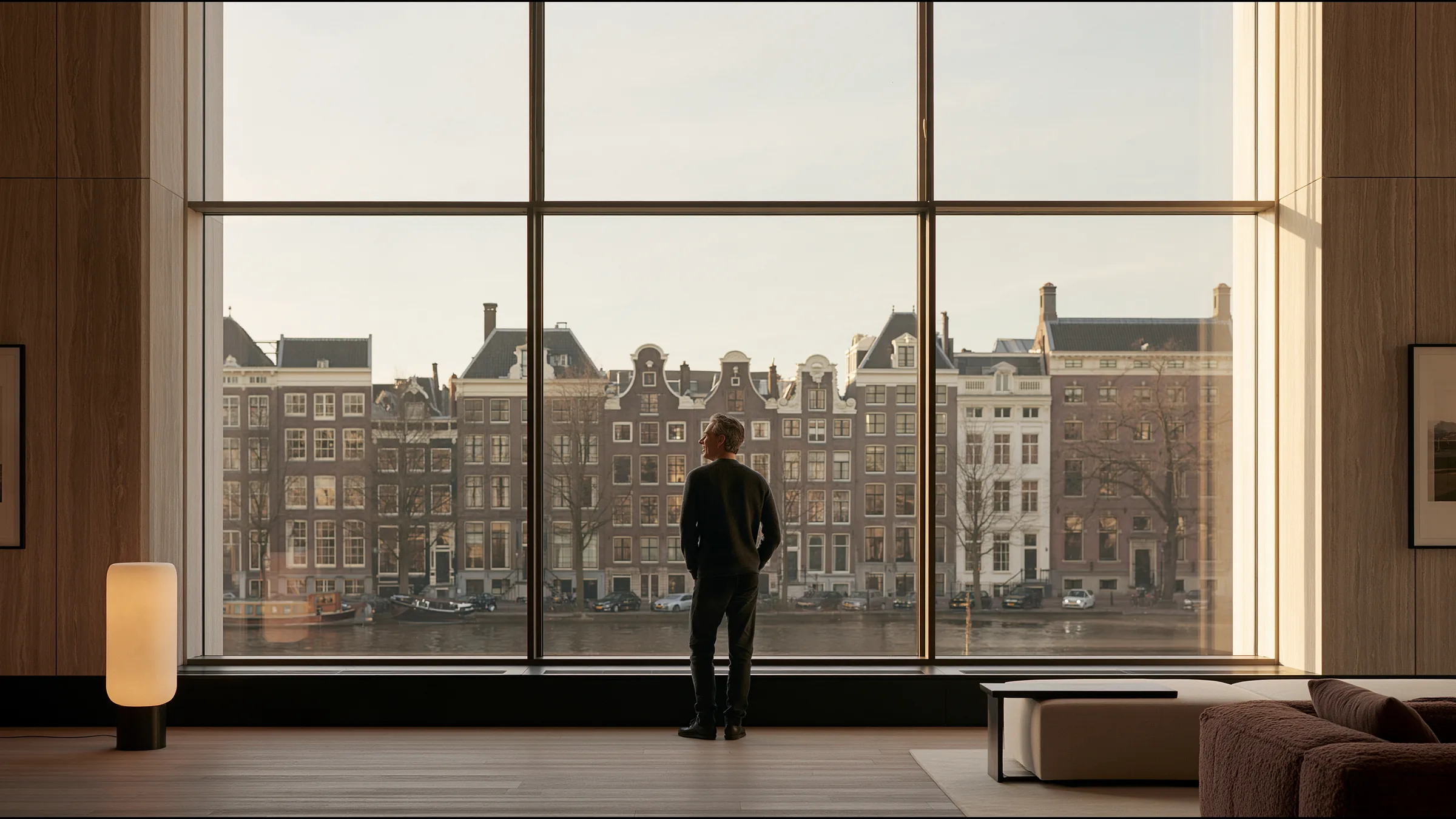 A clinic owner in fine knit standing alone at the tall window of a vast canal-house clinic in Amsterdam on go-live morning, a quiet smile of relief, the canal and gabled houses in soft light, oak floors and a sculptural lamp