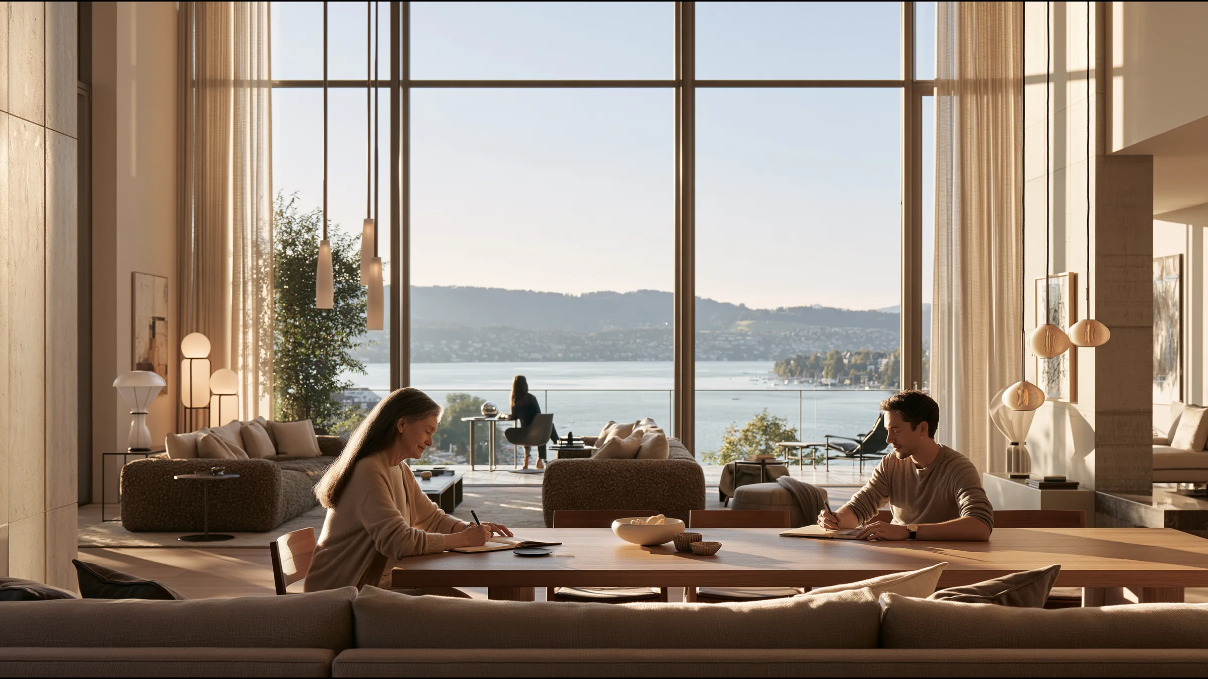 A woman in her seventies and her adult son at a long oak table in a vast sunlit Seefeld apartment in Zurich, writing in a notebook together with calm, the lake beyond the windows