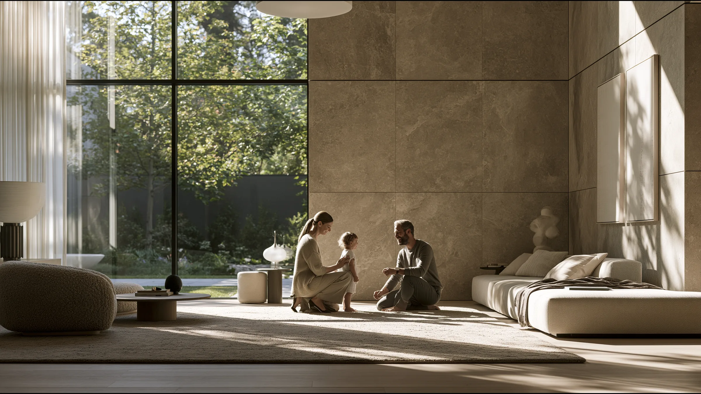 A paediatrician in fine knit kneeling to the eye level of a young patient while the child's father laughs softly in a vast light-filled South Yarra clinic in Melbourne, a wall of glass onto a garden