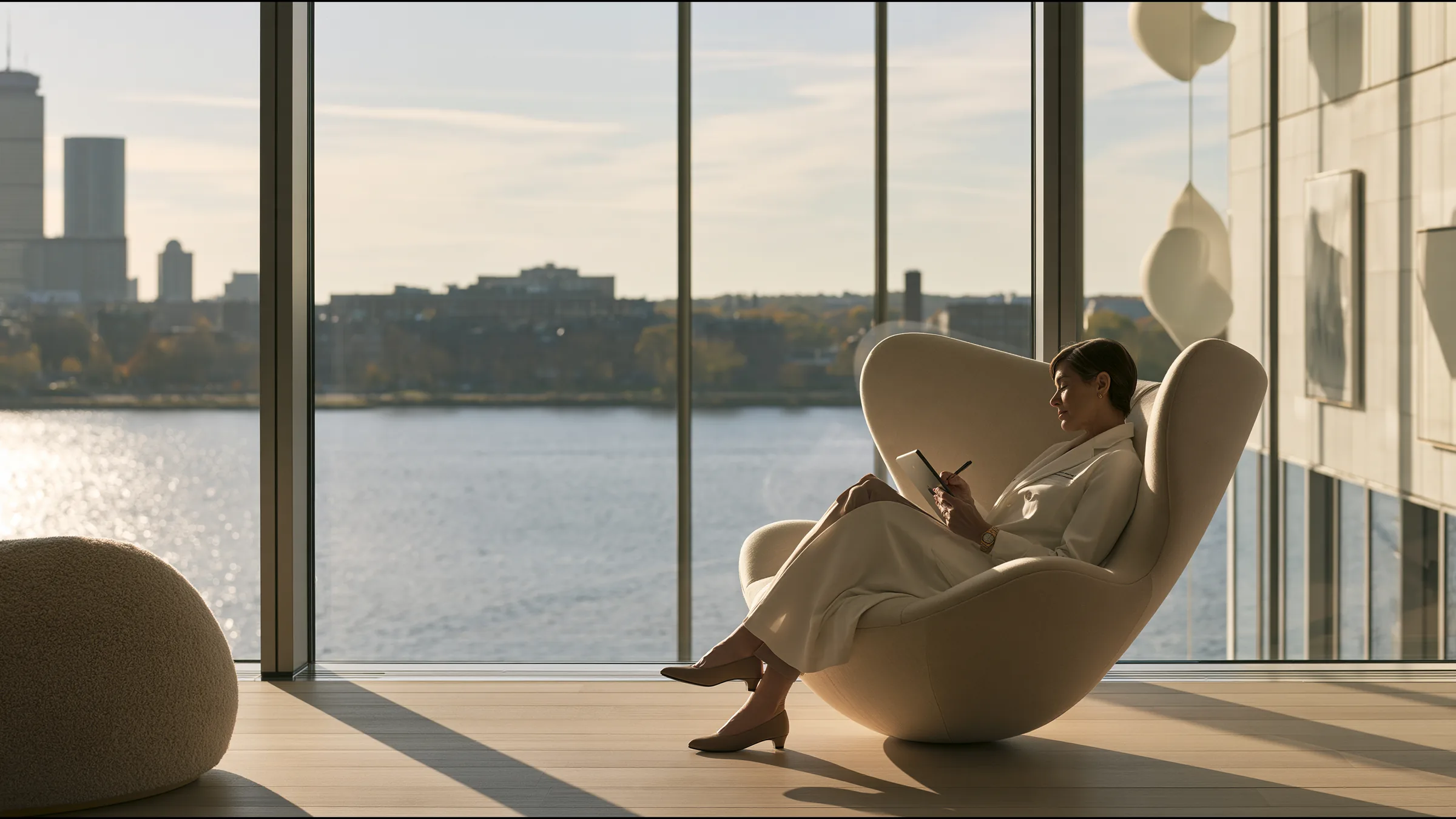 A physician in her fifties in a white coat seated in a single sculptural chair in a vast quiet consulting suite in Back Bay, Boston, reading and signing a note on a tablet with calm confidence, morning sun